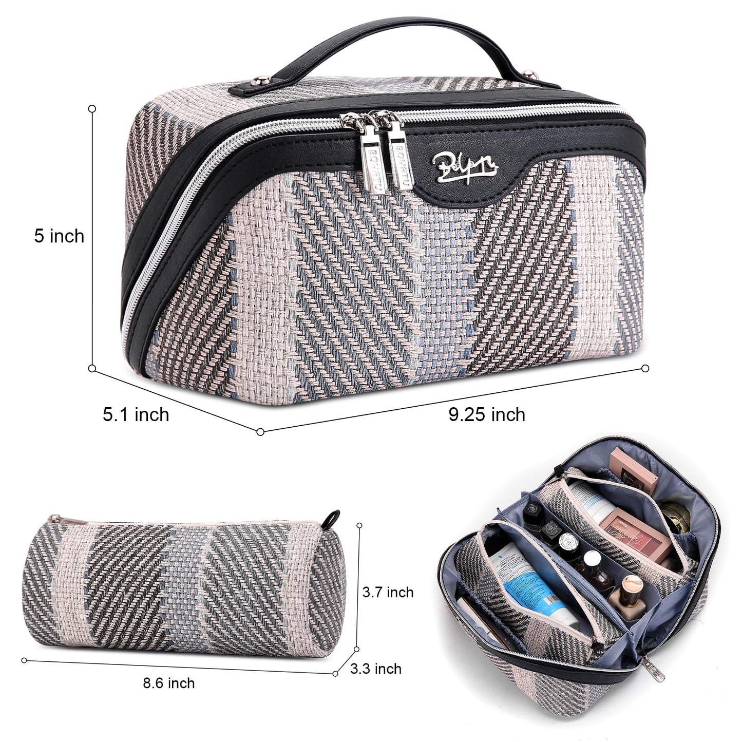 BOYATU Travel Makeup Bag Cosmetic Bag for Women: 3 Pcs Set Make up Bag with Compartments - Waterproof Vegan Leather Toiletry Bags with Handle - Makeup Organizer for Travel Essentials(C-4-Black)