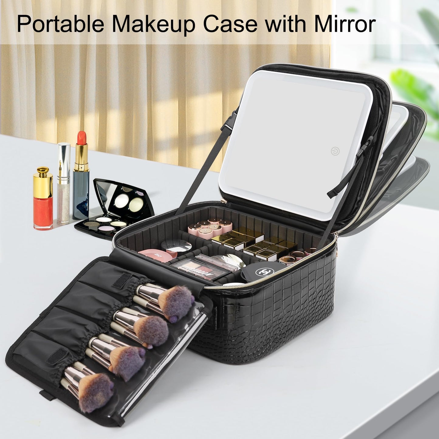 Relavel Makeup Train Case With LED Mirror, Professional Travel Cosmetic Bag with Removable Partitions,Compact Makeup Organizer, Waterproof Toiletry Case for Women, Black