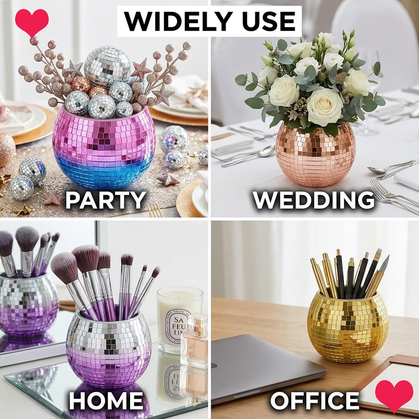 Choary 2 Pack Glass Disco Ball Makeup Brush with Smooth Grouting - Premium Mirror Mosaic Pencil Cup for Desk, Cute Pen Holder, Aesthetic Room Decor Gift (silver)
