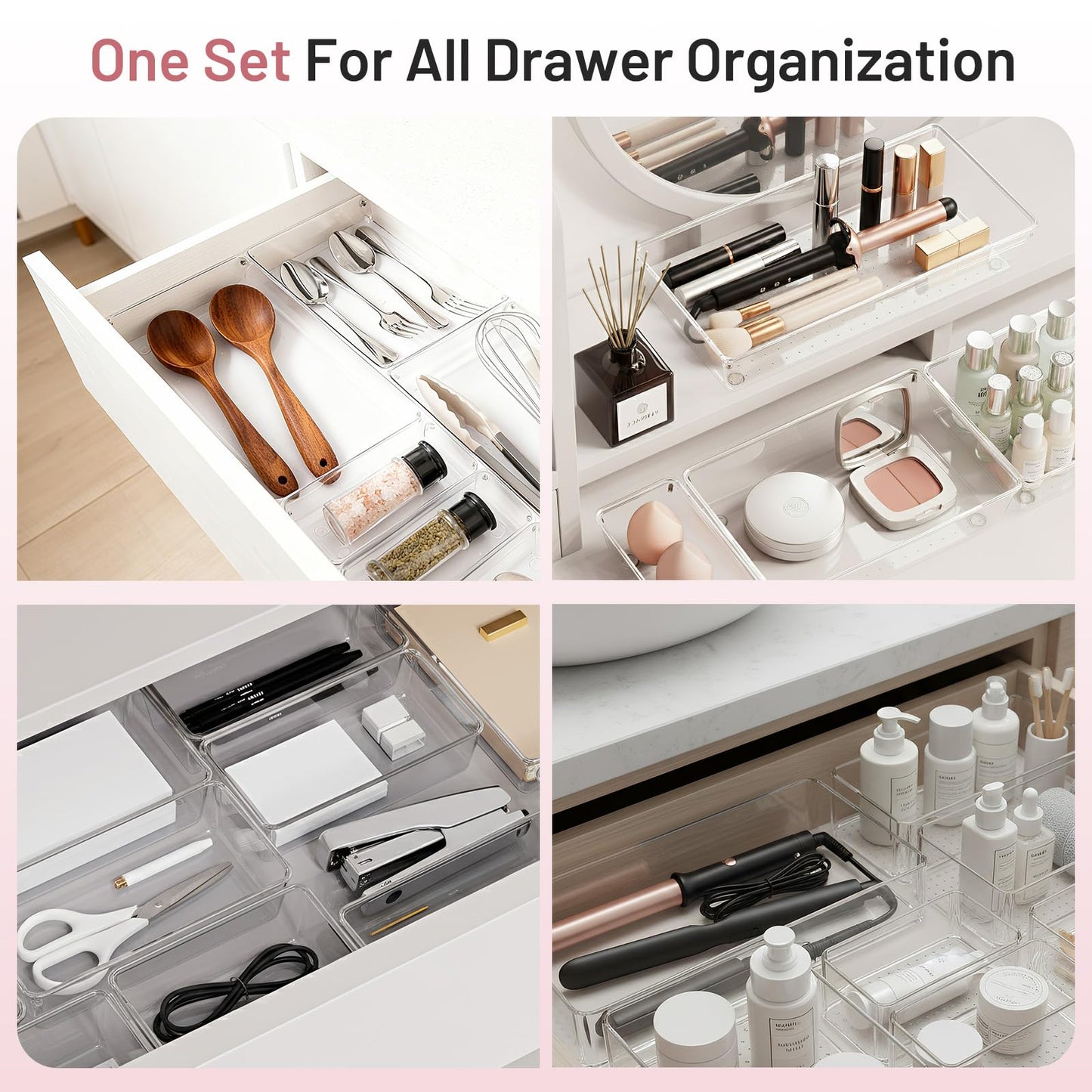 CHOWAY Drawer Organizer, 10 Pack Large Clear Plastic Organizer Bins 5 Sizes, Versatile Bathroom Drawer Trays, Heavy Duty Non‑Slip Drawer Dividers for Makeup, Office & Kitchen Utensils