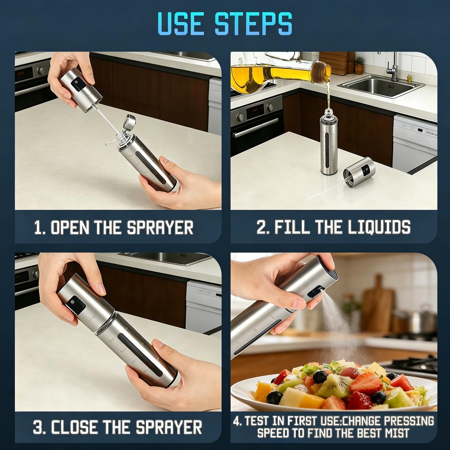 Gafiwa Advanced Olive Oil Sprayer for Cooking, Kitchen Avocado Oil Spray Bottles, Oil Mister Dispenser, 304 Stainless Steel Shell & Food-safe PP Plastic inner Bottle, 100ml, Leak-Proof and Portable.