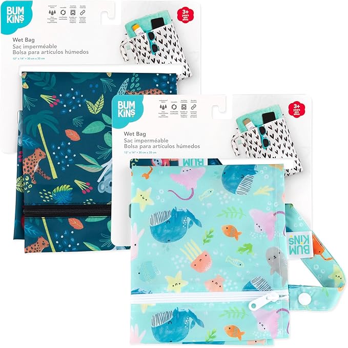Bumkins - Waterproof Wet Bag - For Baby, Travel, Swim Suit, Cloth Diapers, Pump Parts, Pool, Gym, Toiletry, Strap to Stroller - Reusable & Easy to Clean - 2pk - Ocean & Jungle