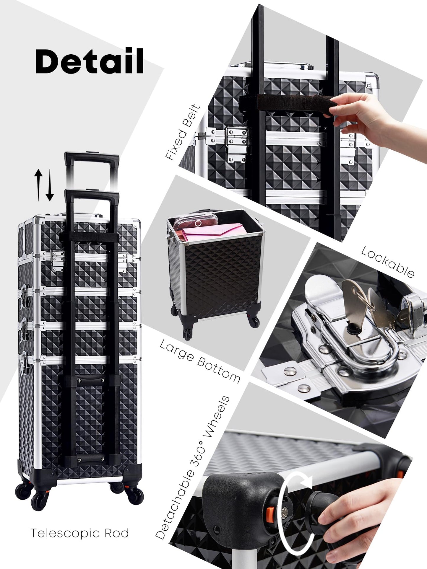 Adazzo Rolling Makeup Train Case 4-in-1 Transformable Cosmetology Case on Wheels, Large Makeup Cart with 4 Extendable Trays, Lockable Nail Supply Storage, Travel Makeup Case for Professionals