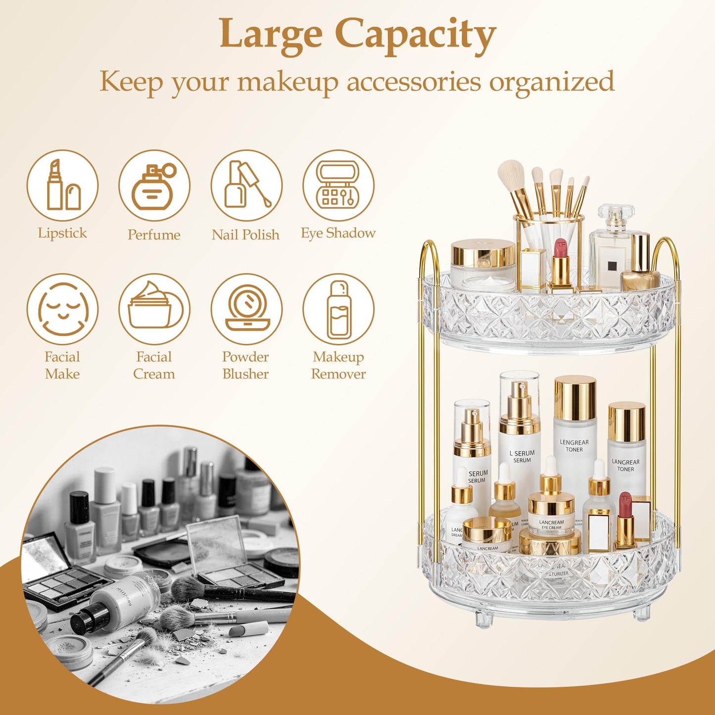 LAREKUN 360 Rotating Makeup Organizer for Vanity, 2 Tier Adjustable Perfume Organizer for Dresser, Multi-Function Spinning Cosmetics Skincare Storage for Bedroom, Dresser, Countertop, Clear