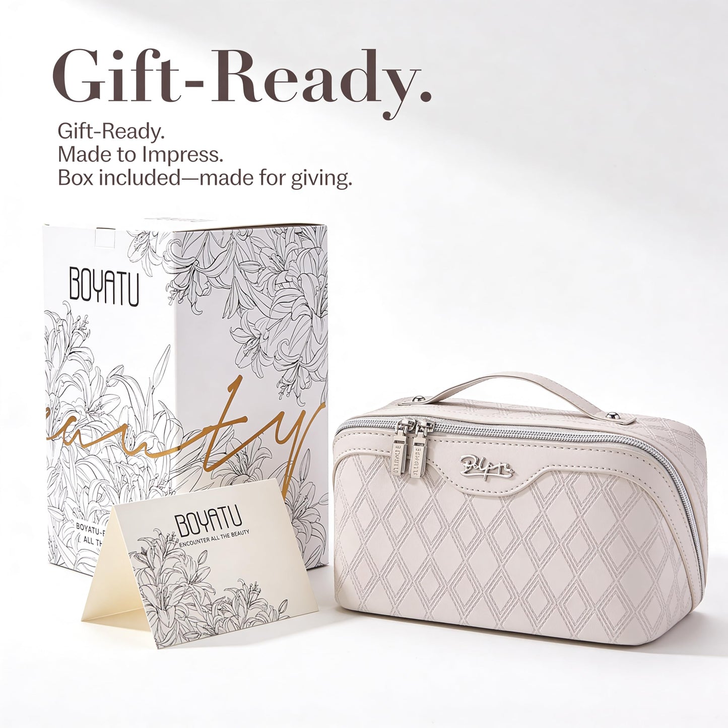 BOYATU Travel Makeup Bag for Women: Large Capacity 3-Piece Quilted Cosmetic & Toiletry Organizer - 2 Detachable Pouches Expand Storage by 50%, Open Flat for Easy Packing, Waterproof PU Leather(Beige)