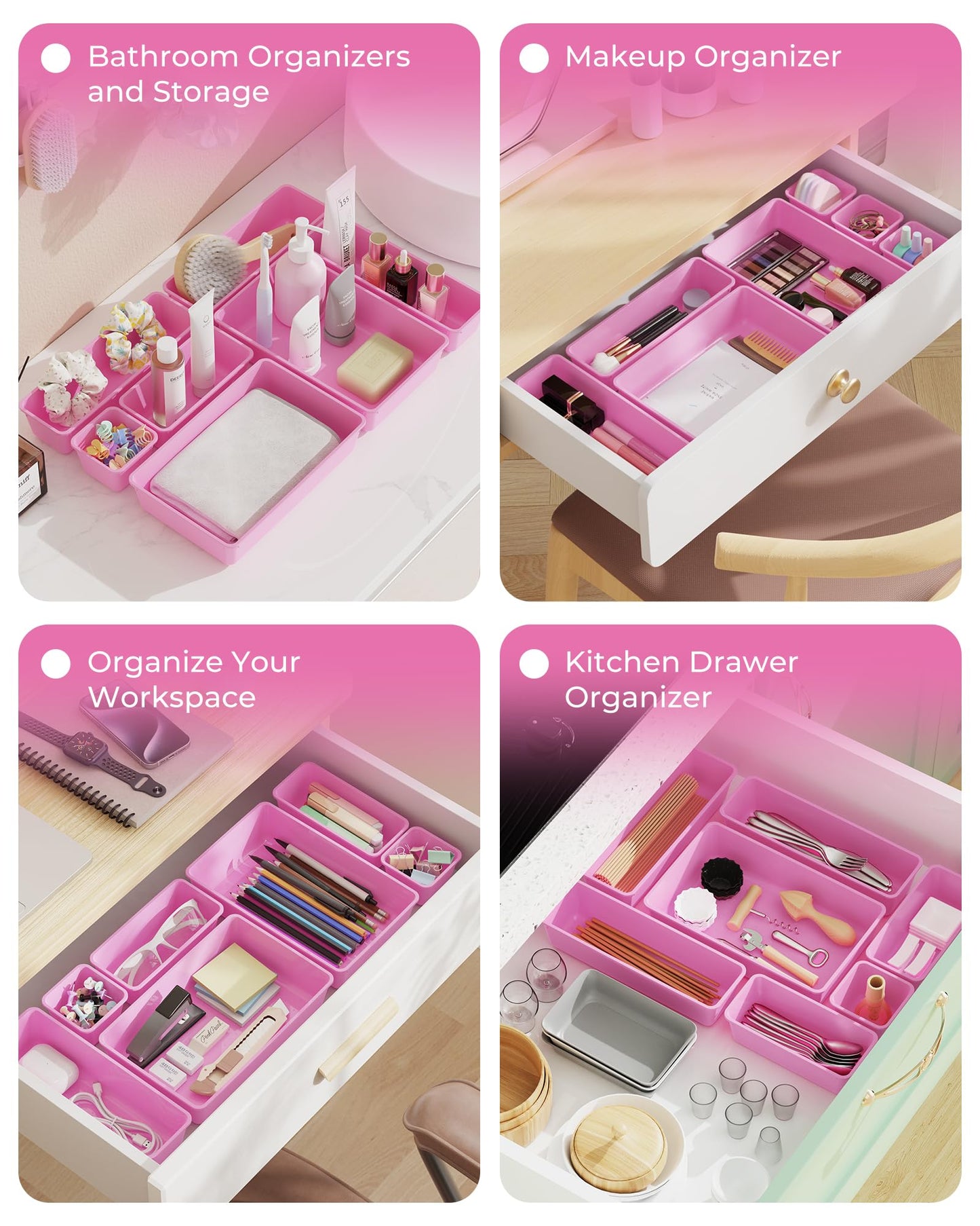 BiuLeon 25 PCS Plastic Drawer Organizers Set, 4-Sizes Vanity and Makeup Organizer, Desk and bathroom Drawer Organizer Trays, Organizers and Storage for Makeup, Jewelry, Gadgets, Utensils(Light Purple)