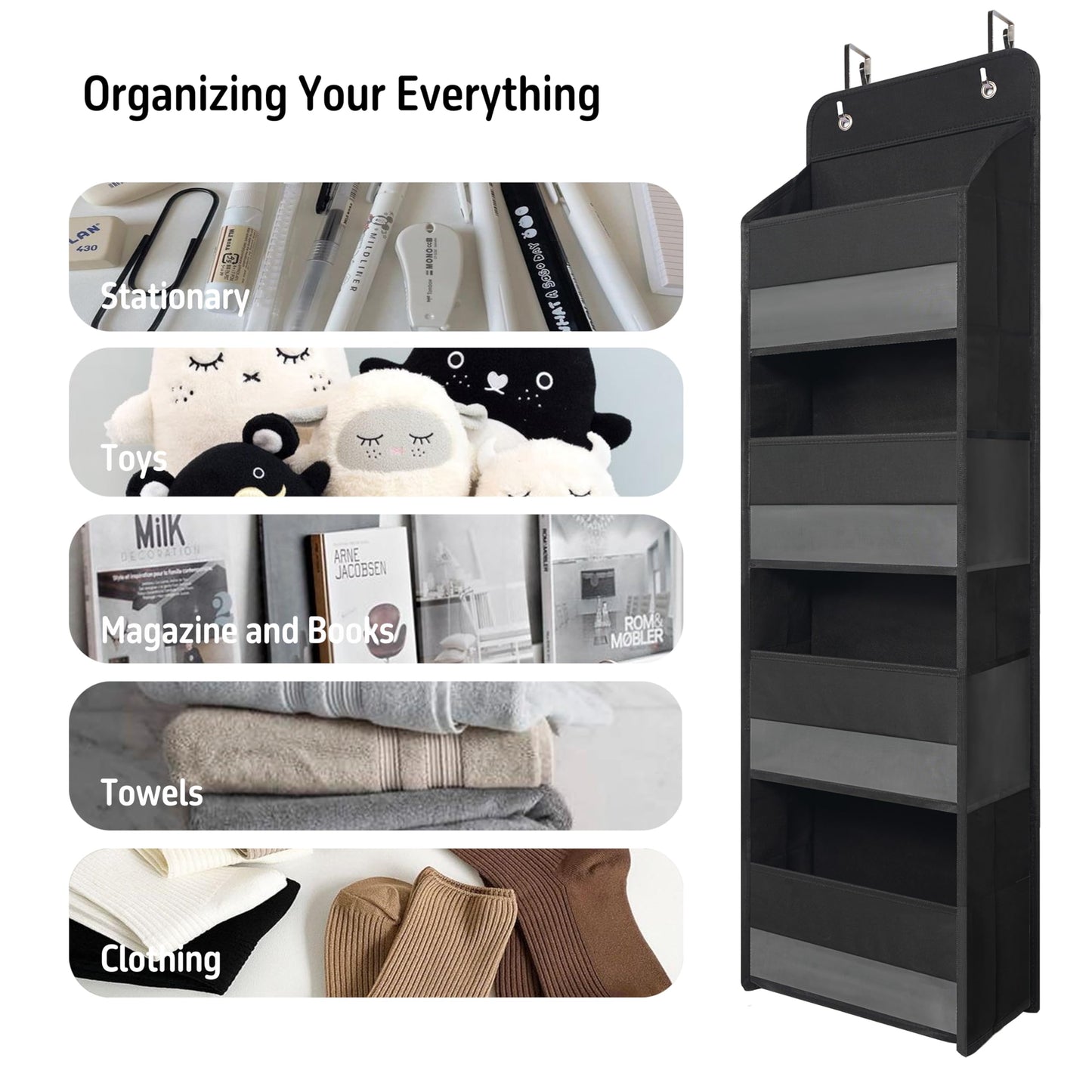 TYMENSH Black Over Door Organizer with 4 Large Clear Pockets, Compact Black Hanging Door Storage for Closet, Bathroom, Bedroom, Dorm, Nursery, Toys, Cosmetics, Baby Essentials