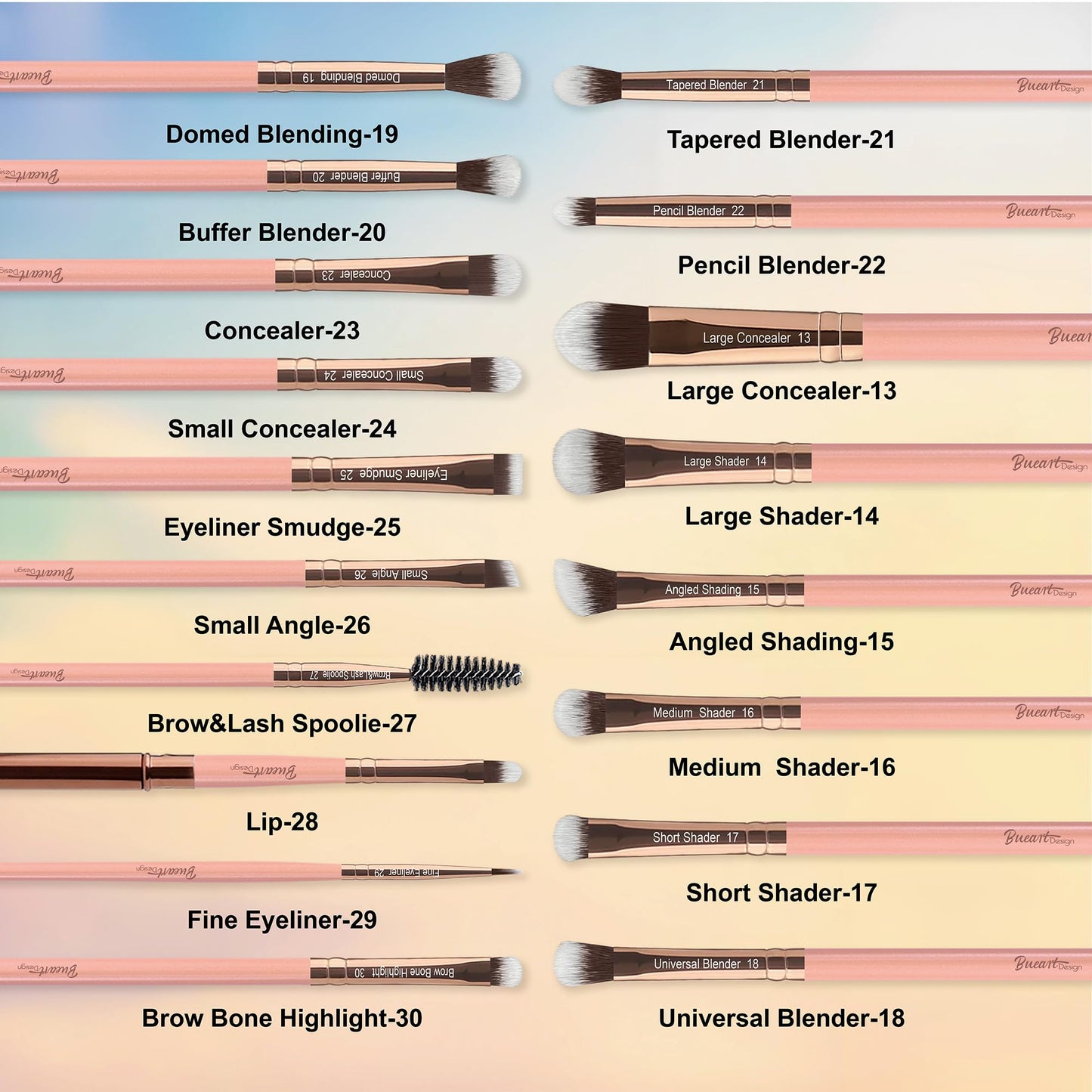 Bueart Design Labeled 30Pcs Professional Deluxe Makeup Brushes set with Extra large holder case for Foundation Face Blending Blush Concealers Eyeshadow