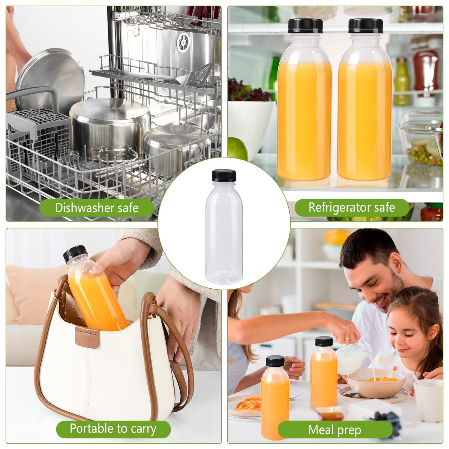 zmybcpack 12 Pack 450ml (Approach 16 OZ) PP Heat-Resistant Plastic Juice Bottles With Caps-Plastic Smoothie Bottles-Reusable Bulk Beverage Containers with Lids For Juice, Beverage(Dishwasher Safe)