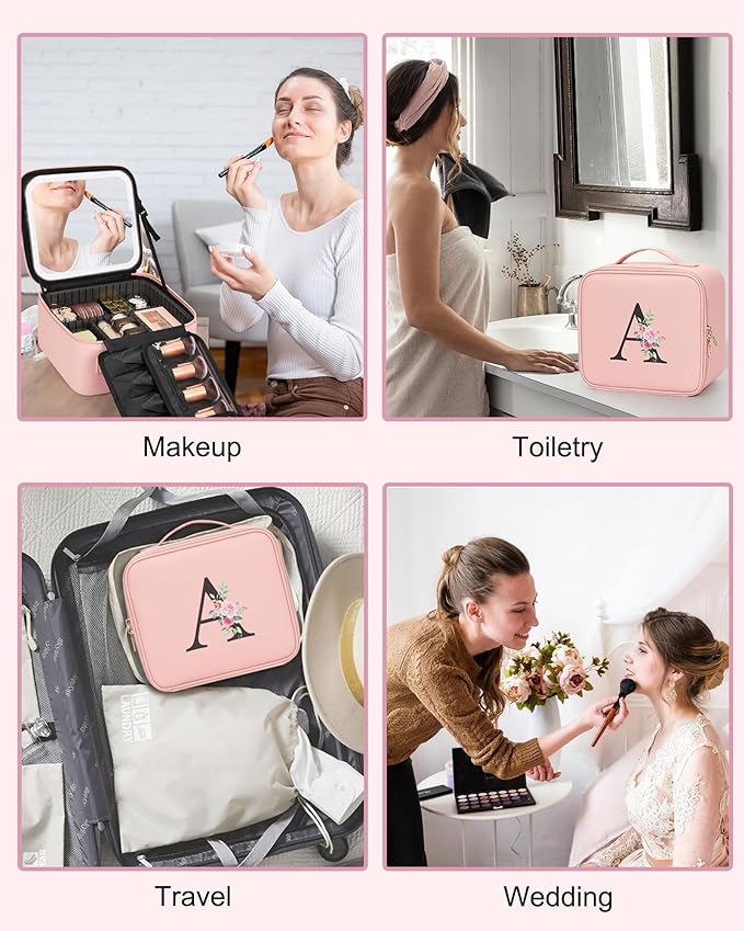 Relavel Initial Makeup Bag with LED Mirror for Women Girls, Personalized Travel Cosmetic Organizer Train Case, Birthday Gifts for Grandkids Bridesmaid Graduation Teacher Friends, Trendy Stuff, Pink W