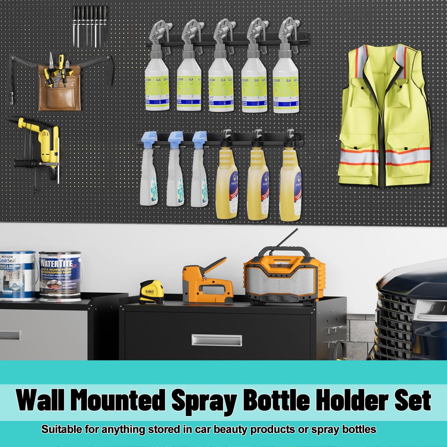 FaloStwer Spray Bottle Holder Wall Mount,14 Inch Metal Universal Lightweight Organizer Holds 6 Spray Bottle Organizer for Garage Storage Car Wash Auto Detailing Tools Organizer