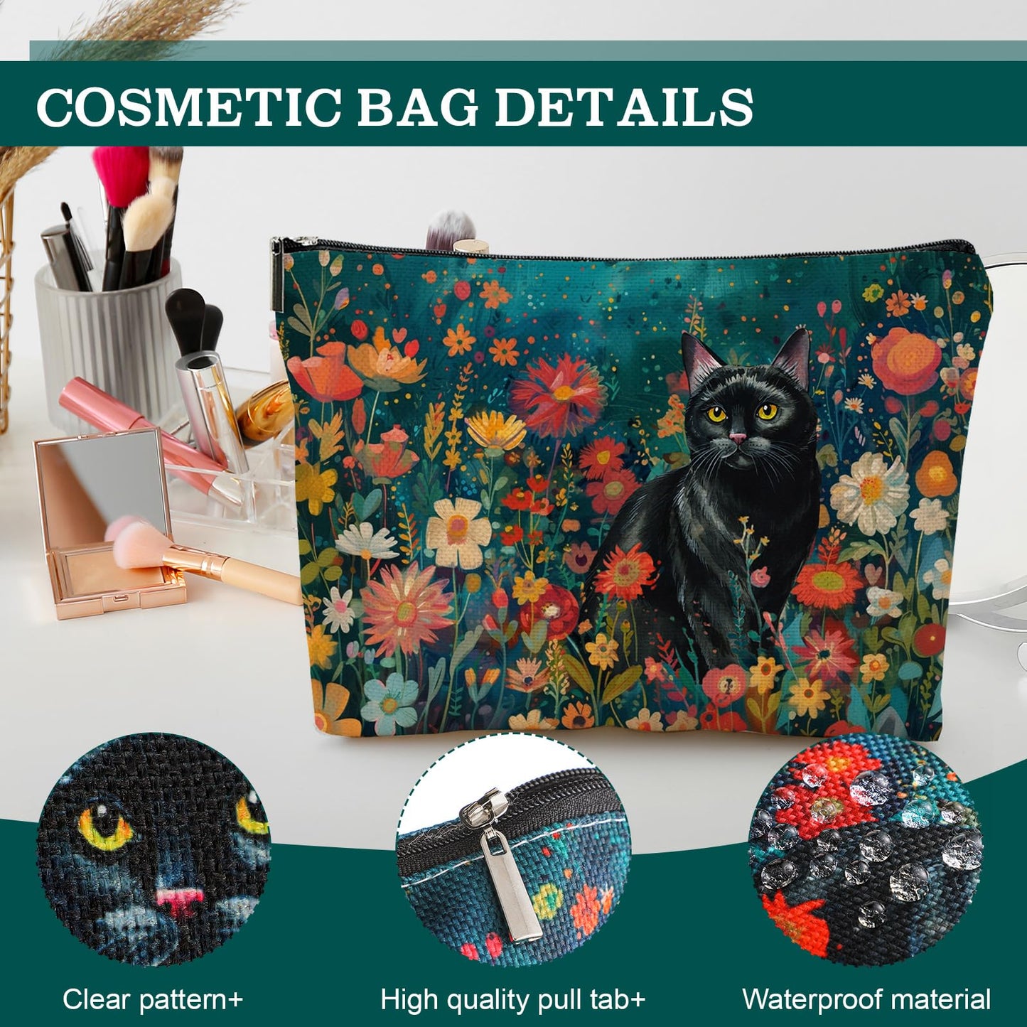 CHENGU 6 Pcs Cat Makeup Bag Black Cat Lover Gifts Cat Cosmetic Bags Funny Cool Black Cat Canvas Toiletry Bags with Zipper Portable Cat Mom Gifts Cat Owners Birthday Gifts For Teen Girls Women