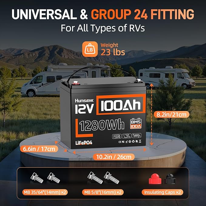 HumsiENK 12V 100Ah LiFePO4 Battery Lithium Built In 100A Smart BMS Portable Group 24 Size Lithium 1280Wh Battery 15000 Deep Cycles 10 Years Lifespan for RV Solar Energy Off Grid Trolling Motor (3PACK)