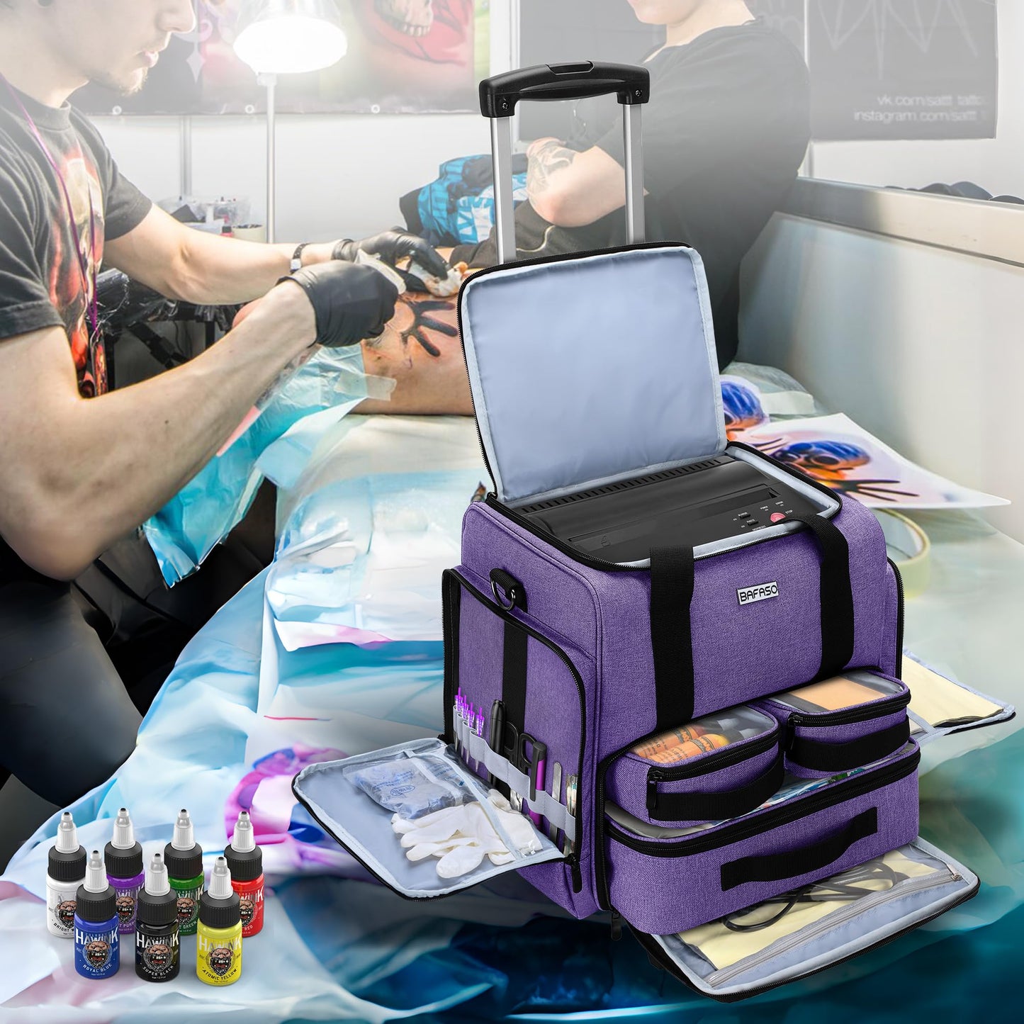 BAFASO Rolling Tattoo Case with 3 Removable Pouches and Detachable Dolly, Tattoo Travel Case for Stencil Printer and Supplies (Patented), Purple