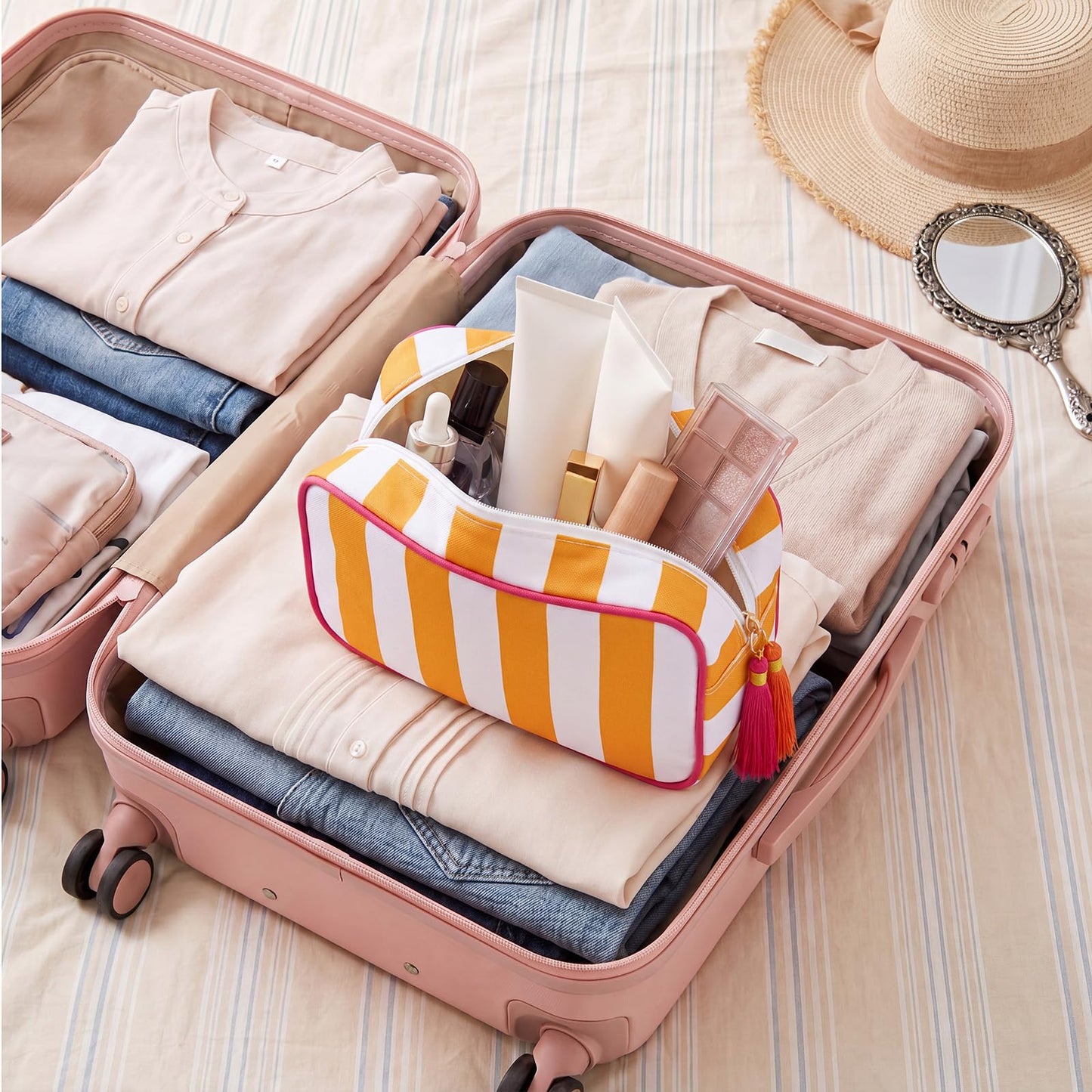Kacctyen 6 Pack Orange and White Striped Makeup Bag bulk with Tassel Travel Cosmetic Pouch Organizer Large Zipper Toiletry Case for Women Aesthetic Storage Pouch Mahjong Tile Bag