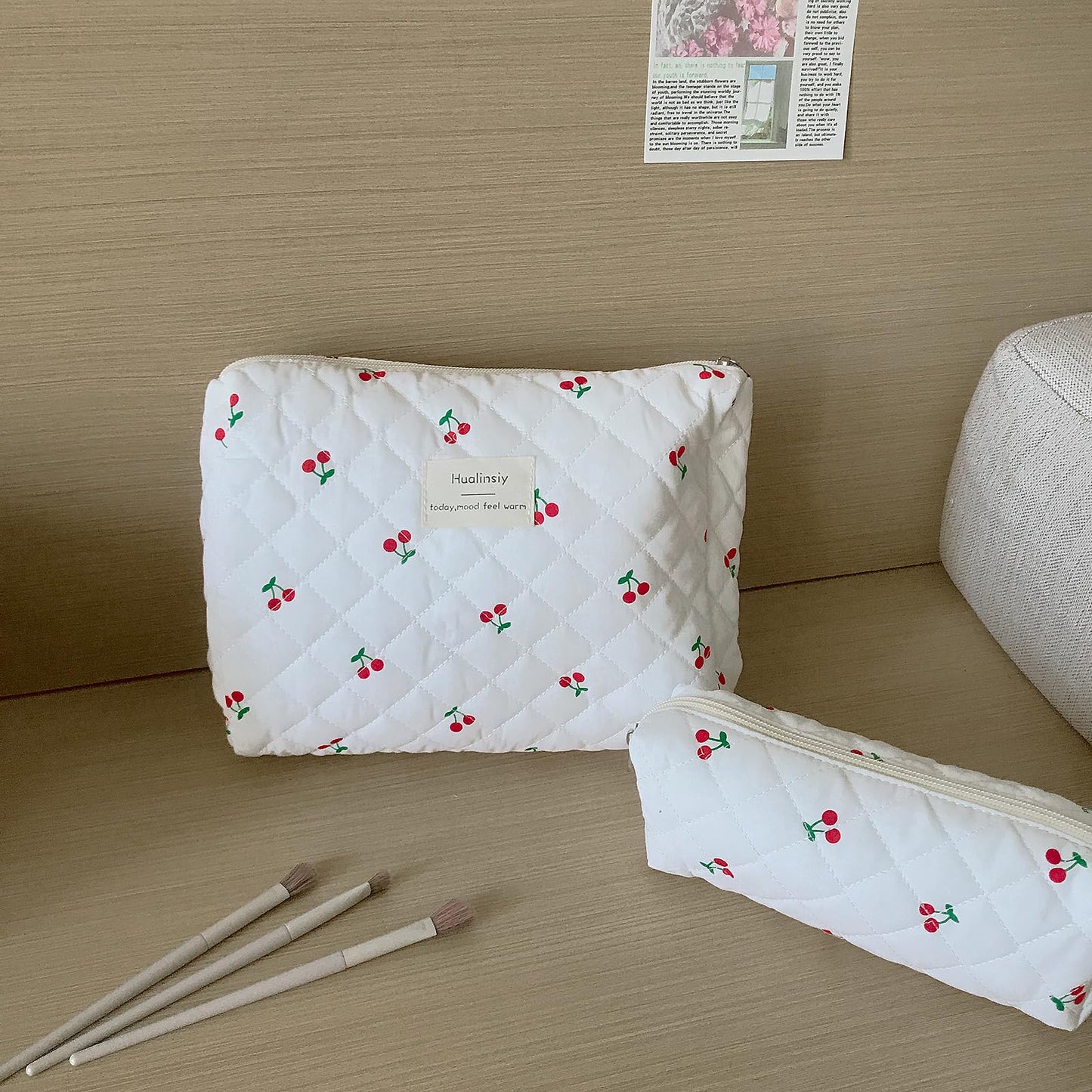 Hualinsyi Makeup Bag Set , 3 PCS Cute Cherry Bag Set, Travel Toiletry Organizer Quilted Cherry Purse,Large Coquette Aesthetic Makeup Cosmetic Bag For Women (white-cherry)
