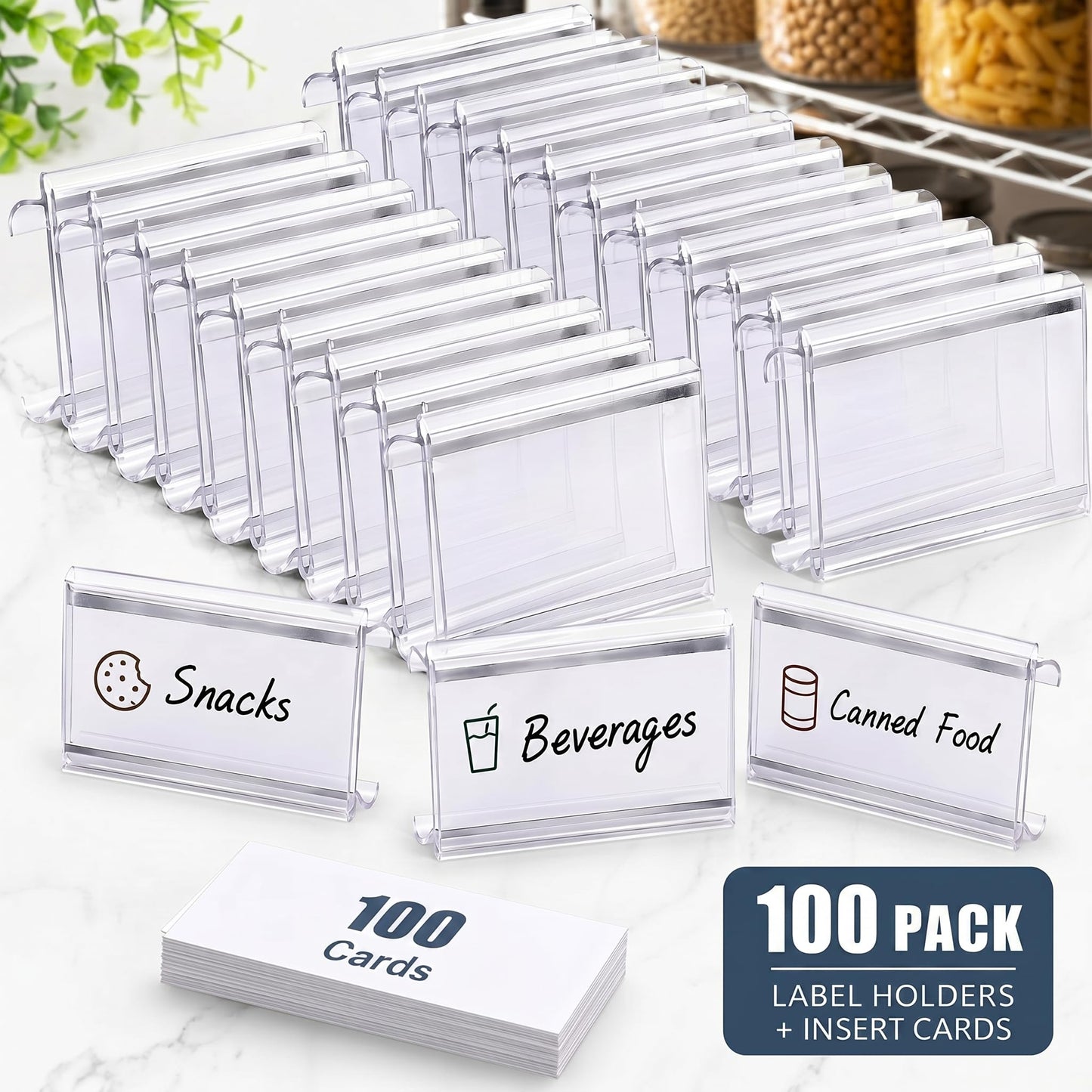 Kathfly 100 Pcs Plastic Wire Shelf Label Holder Tags with Label Paper Inserts Plastic Wire Rack Labels Clips Compatible with Metro 1-1/4 Inch Shelves Labels Area 3in Lx1.25in H