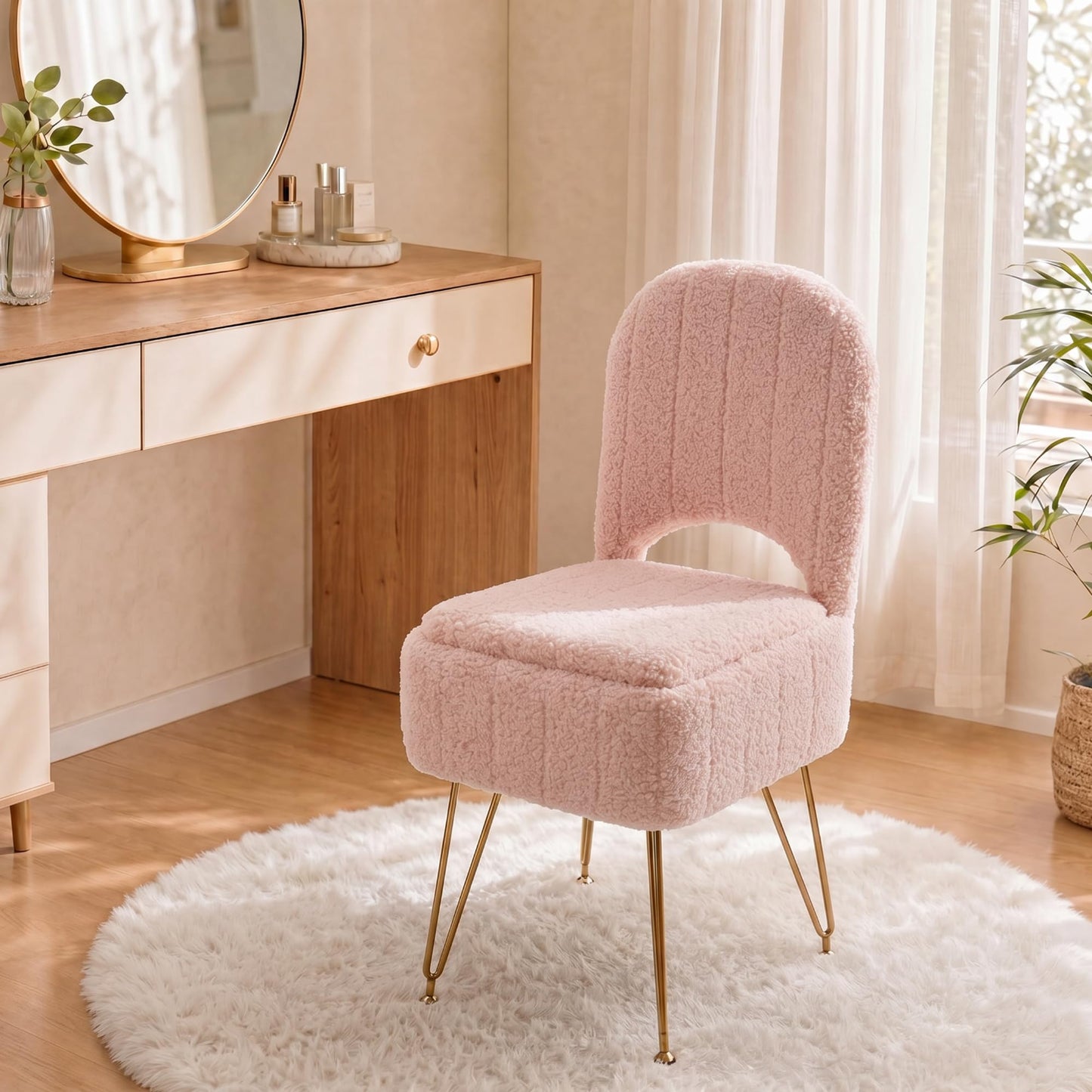 Garvee Vanity Stool Chair with Backrest, Square Ottoman with Hidden Storage Compartment, Soft Teddy Fabric, 280 Lbs Weight Capacity, Modern Style for Bedroom Living Room,Pink,Small