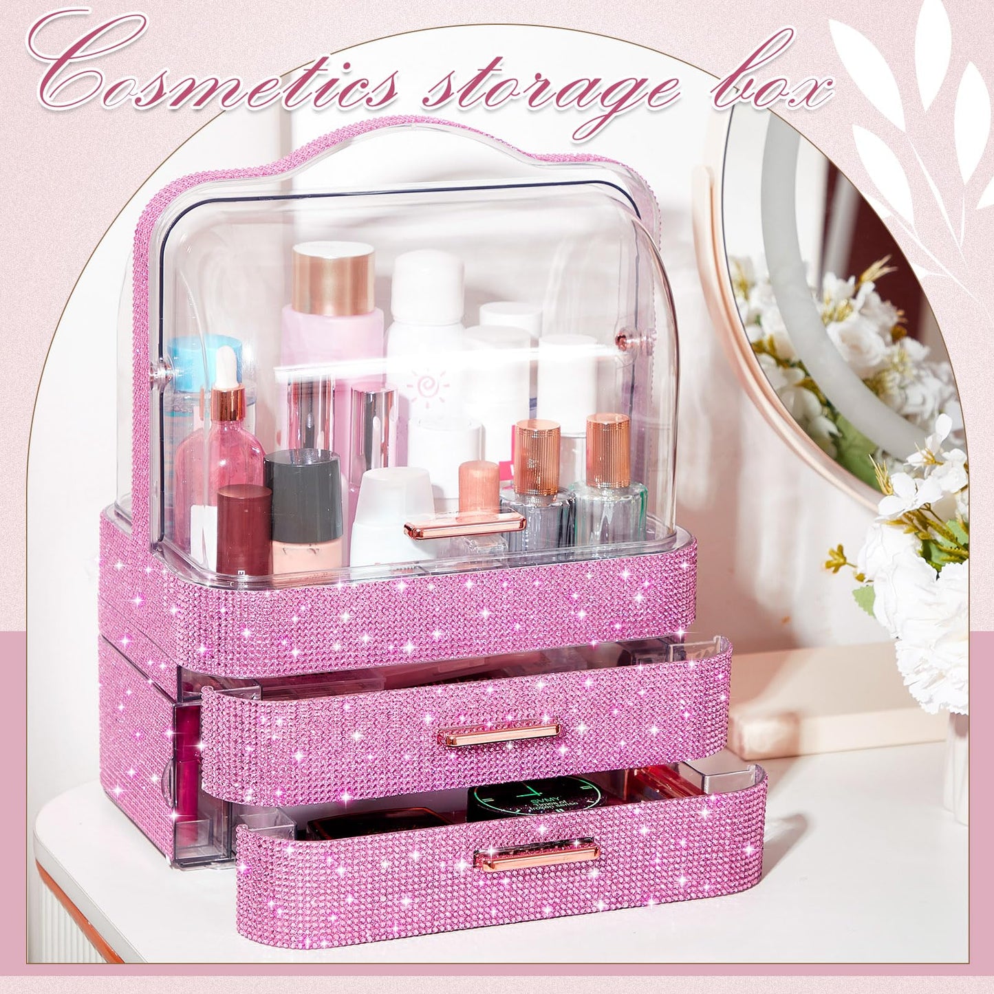 Honeydak Bling Makeup Organizer for Women Birthday Gifts Preppy Skincare Perfume Organizer Rhinestone Cosmetic Display Cases with Transparent Cover for Countertop, Desk(Pink,Rhinestone)