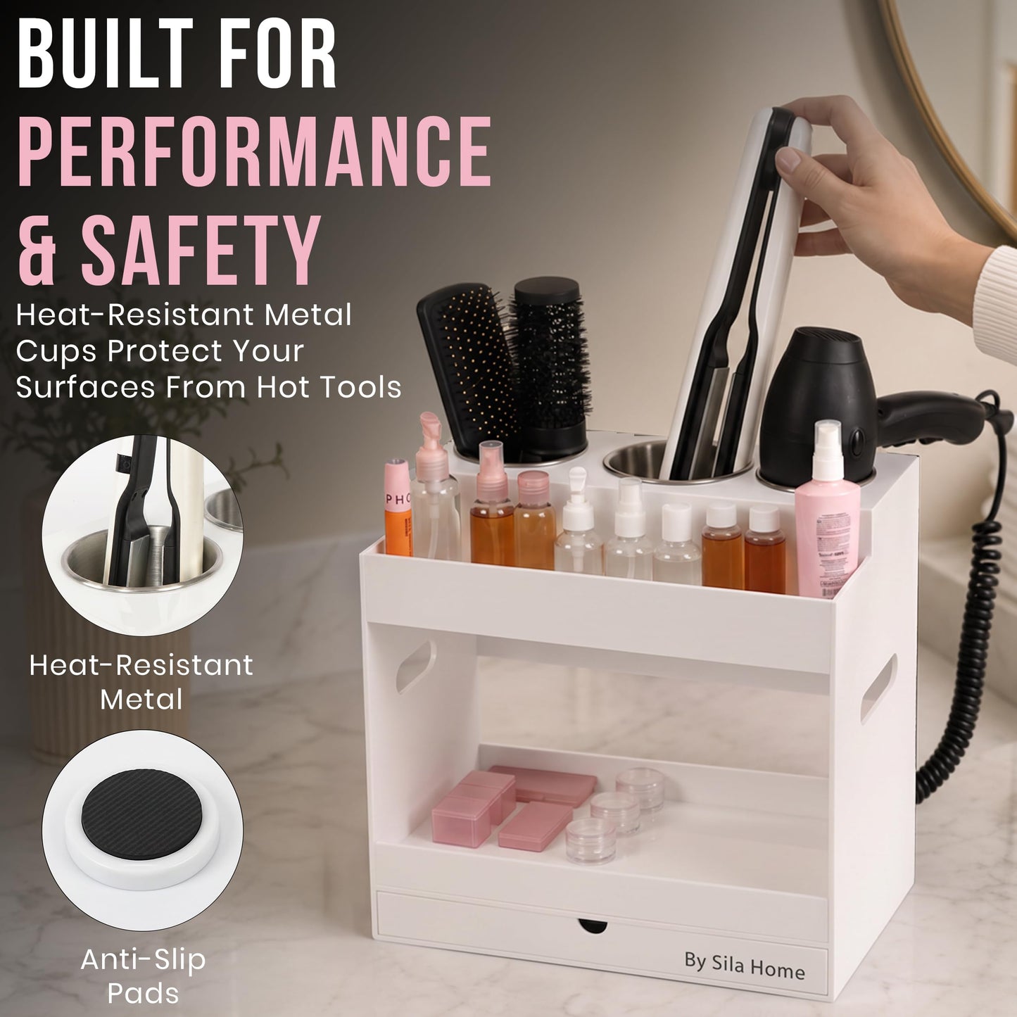 Hair Tool Organizer Countertop Extra Wide Bay | Bathroom & Hot Tools Organizer For Hair | Hairdryer Holder For Bathroom Vanity | Hot Tools Storage for Curling Iron Straightener, 3 Stainless Cups White