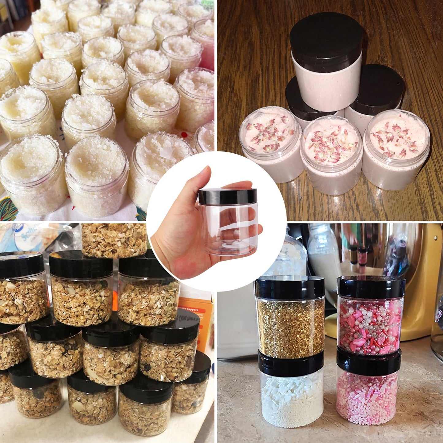 48 Packs 6 OZ Transparent Plastic Jars with black Lids, Body Butter Containers, Cosmetic Containers jars for Kitchen Ingredients, beads, sequins, Lotion, Cream, DIY Crafts and More by KUKLIPJIM.