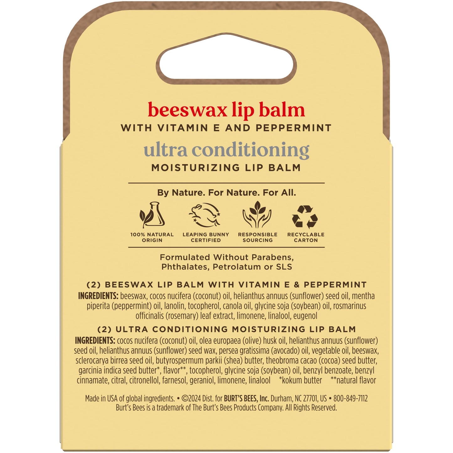 Burt's Bees Stocking Stuffers, Lip Balm Beeswax and Ultra Conditioning Lip Balm Pack, Hydrating Lip Moisturizer with Kokum and Shea Butter, Natural Origin Lip Care, 0.15 oz., Four Tubes