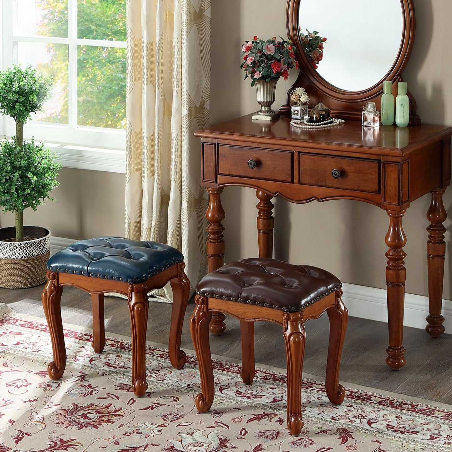 KIVSON Vanity Bench with Nailhead Trim, Piano Bench, or Desk Stool with Microfiber Leather Upholstery for Bedrooms, Dining Rooms, Cloakrooms, or Piano Rooms (Retro Brown)