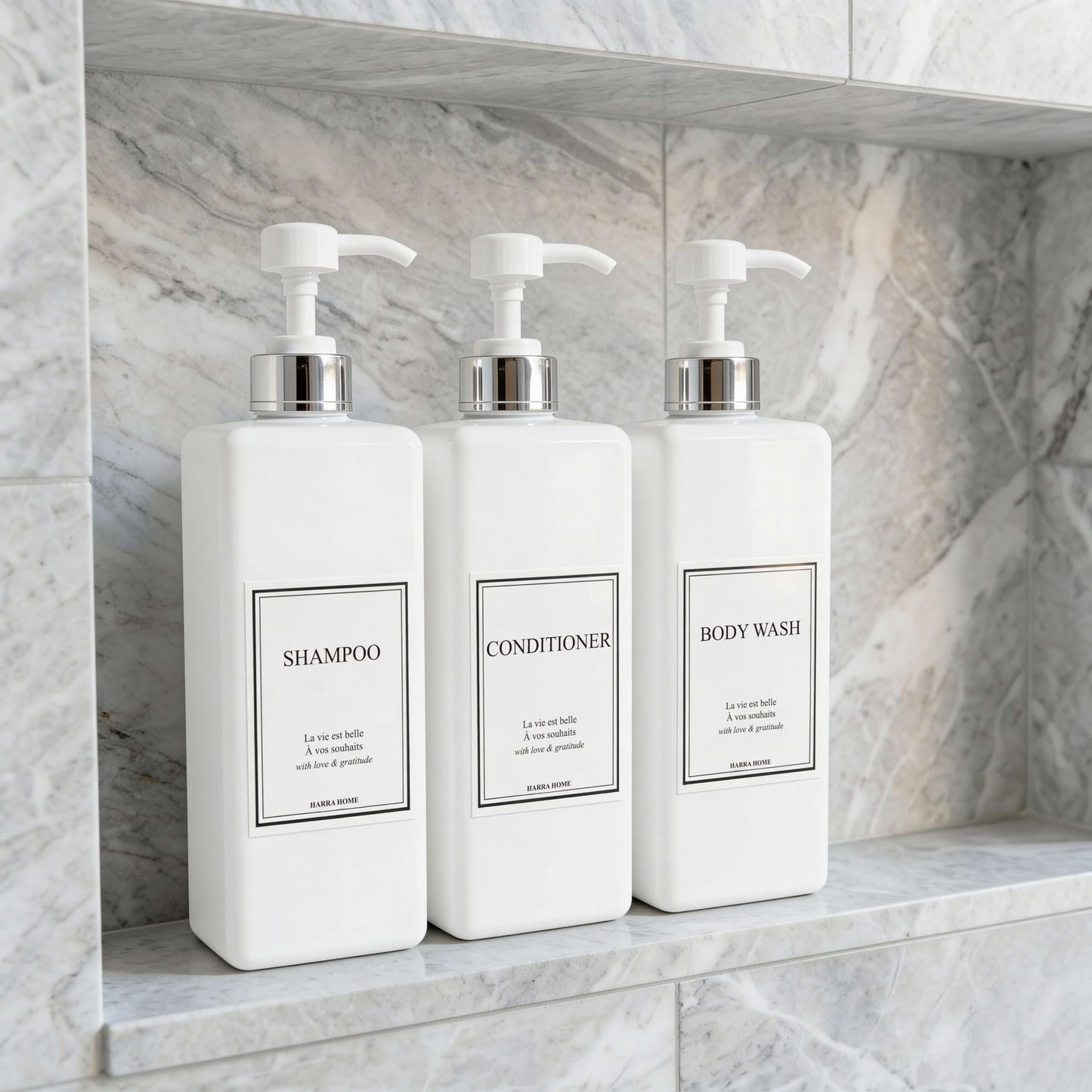 HARRA HOME Modern Gold Design Pump Bottle Set 27 oz Refillable Shampoo and Conditioner Dispenser Empty Shower Plastic Bottles with Pump for Bathroom Lotion Body wash, Pack of 3 (White & Silver)