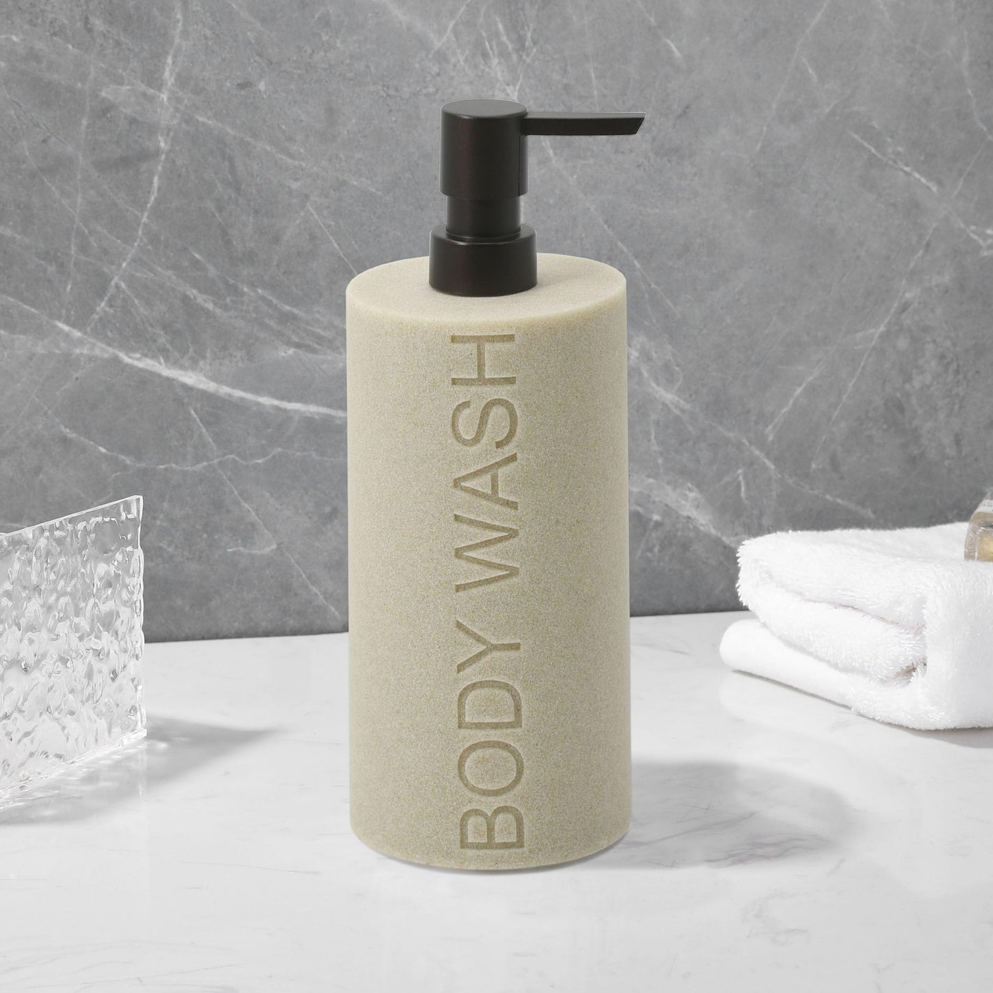 Indecor Home Resin Tan Sandstone Body Wash Engraved Bottle Refillable Pump Dispenser, Durable Waterproof Resin Construction for Bath, Shower - Tan Sandstone, ORB Pump