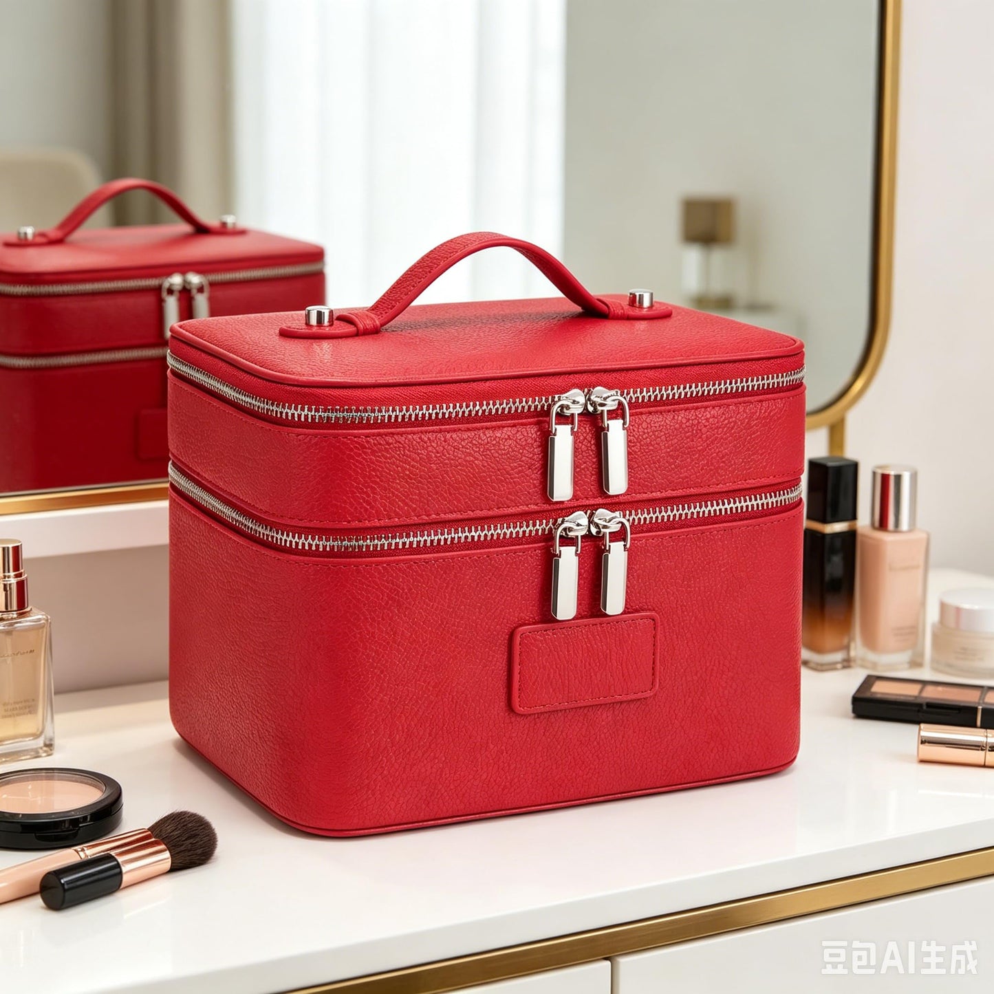 idoltimes Makeup Case,Leather Double Layer Makeup Bag Duo,Large Portable Travel Toiletry Case Cosmetic Organizer for Women