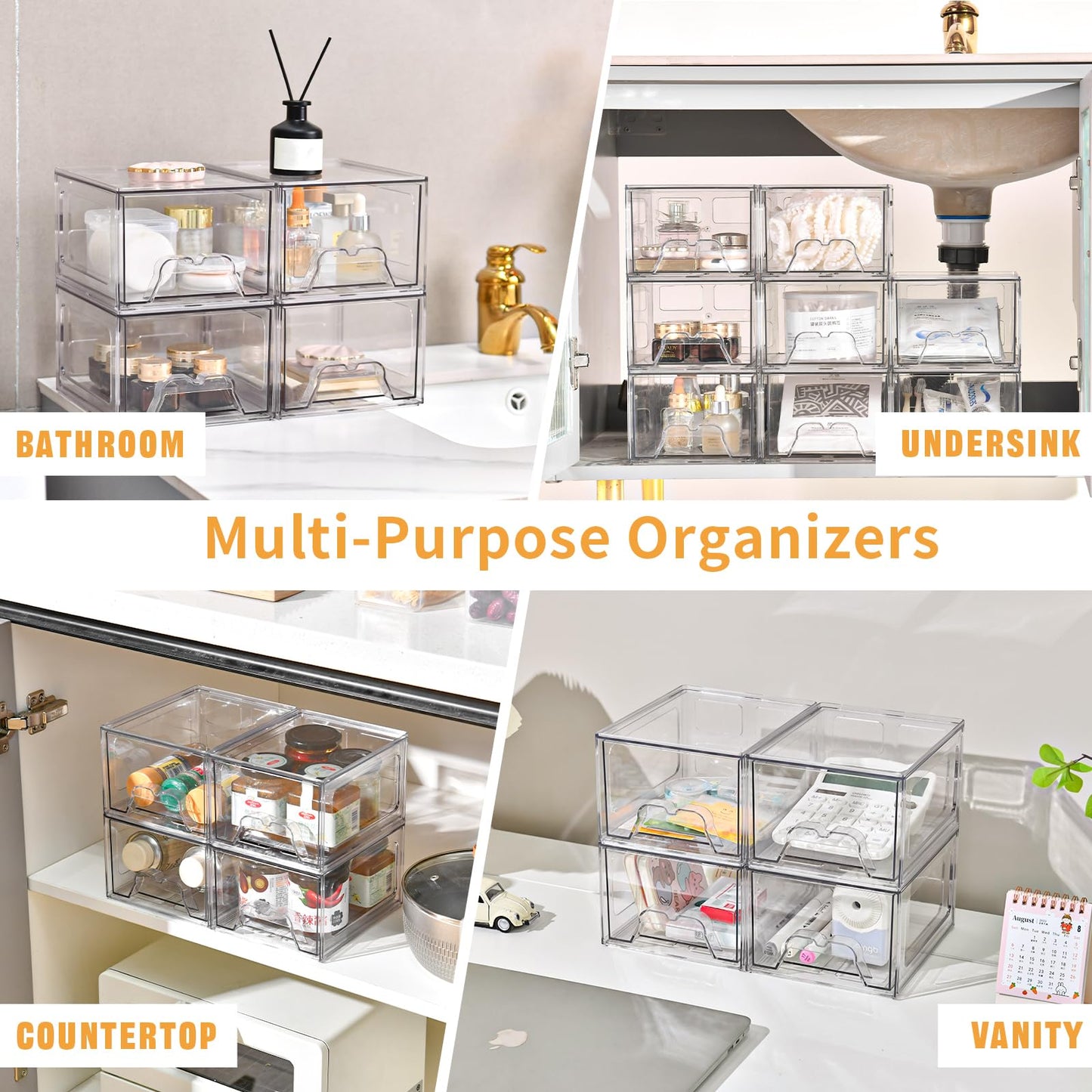 Stebopum 8 Pack Stackable Makeup Organizer, 4.4'' Tall Acrylic Bathroom Makeup Organizer and Storage Drawer with Pull-out Handle, Clear Plastic Storage Bins for Vanity,Pantry,Desk,Undersink,Kitchen