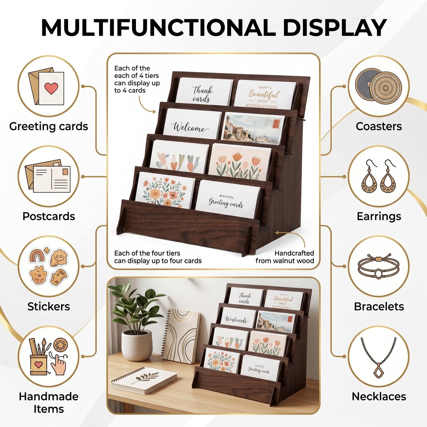 Hirokawa 4-Tier Wooden Greeting Card Display Stand, Card Rack for Stickers, Postcards, Photos, Stationery, Small Products, Home Office Decor & Organizer, Lightweight for Vendor Booths, Craft Fairs