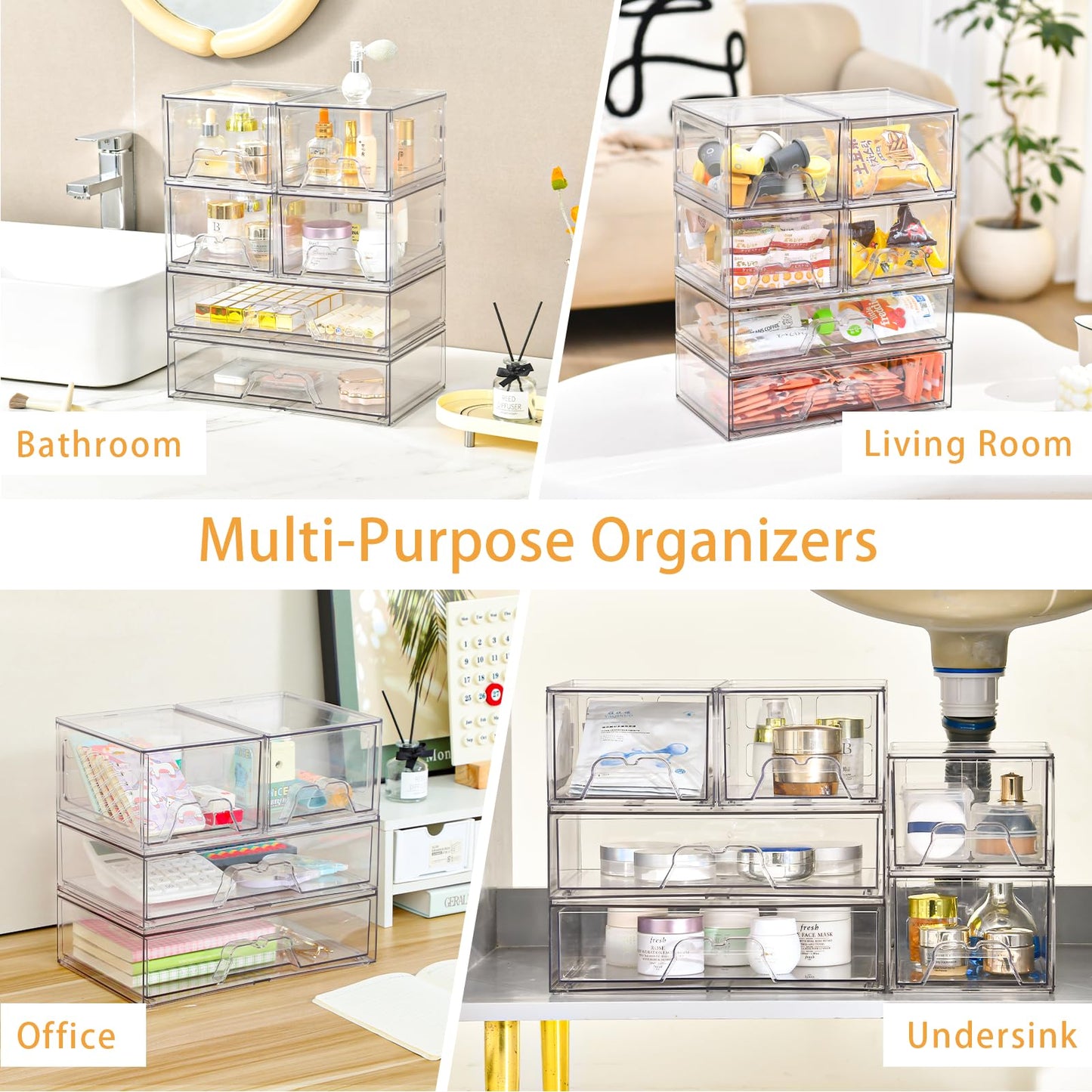 Stebopum 6 Pack Stackable Storage Drawers Clear Acrylic Organizer Makeup Bathroom Organizer and Storage Bins for Beauty Supplies,Ideal for Vanity, Bathroom,Pantry Organization