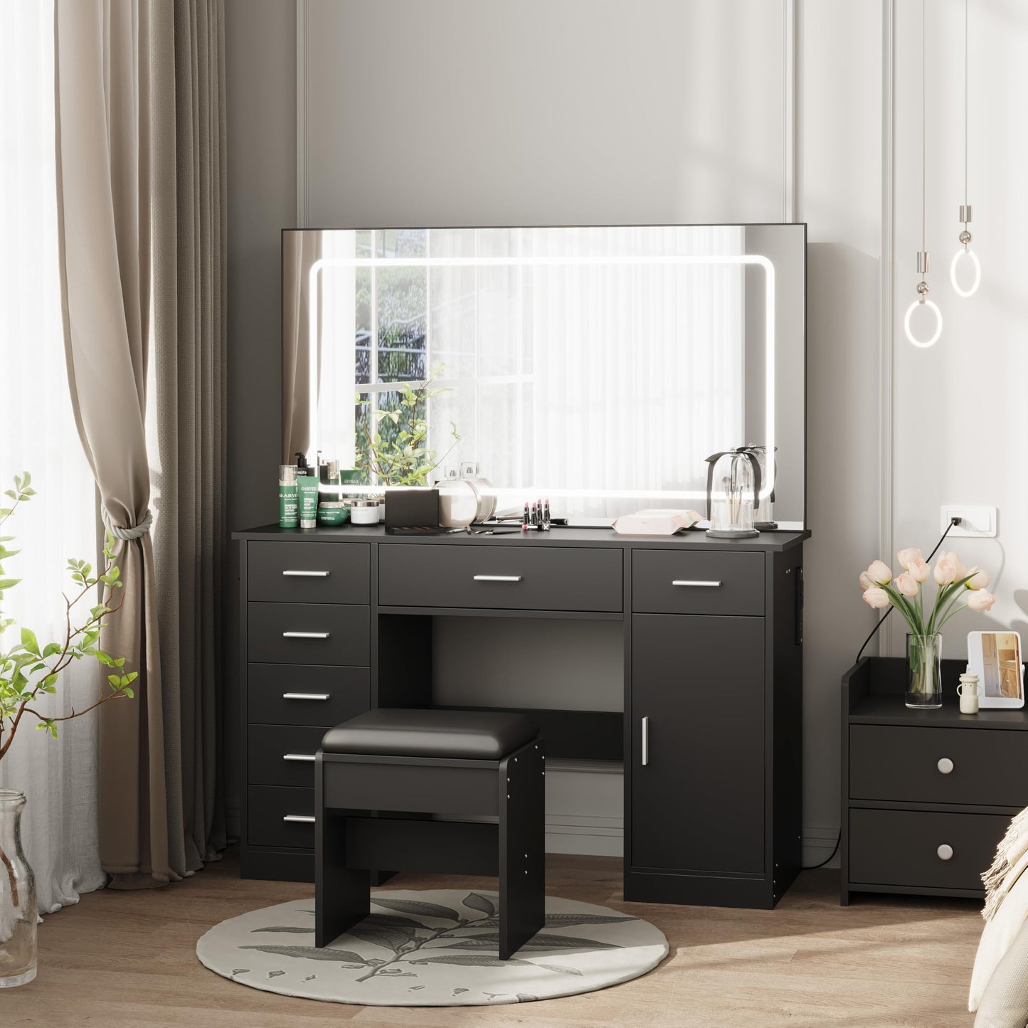 GarveeTech Makeup Vanity, Vanity Desk with Large Mirror and Lights, Charging Station, 3 Lighting Modes Adjustable Brightness, Vanity Table Set with 7 Drawers, Makeup Table for Bedroom