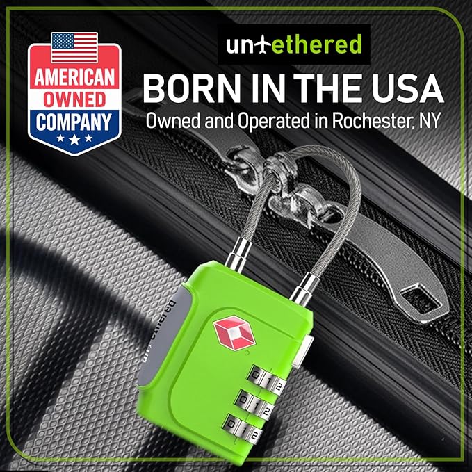 Untethered TSA Luggage Locks (3 Pack) – Resettable 3-Digit Combination TSA Approved Travel Padlocks for Suitcases, Backpacks, Gym Bags & Checked Baggage (3 Pack | Green)