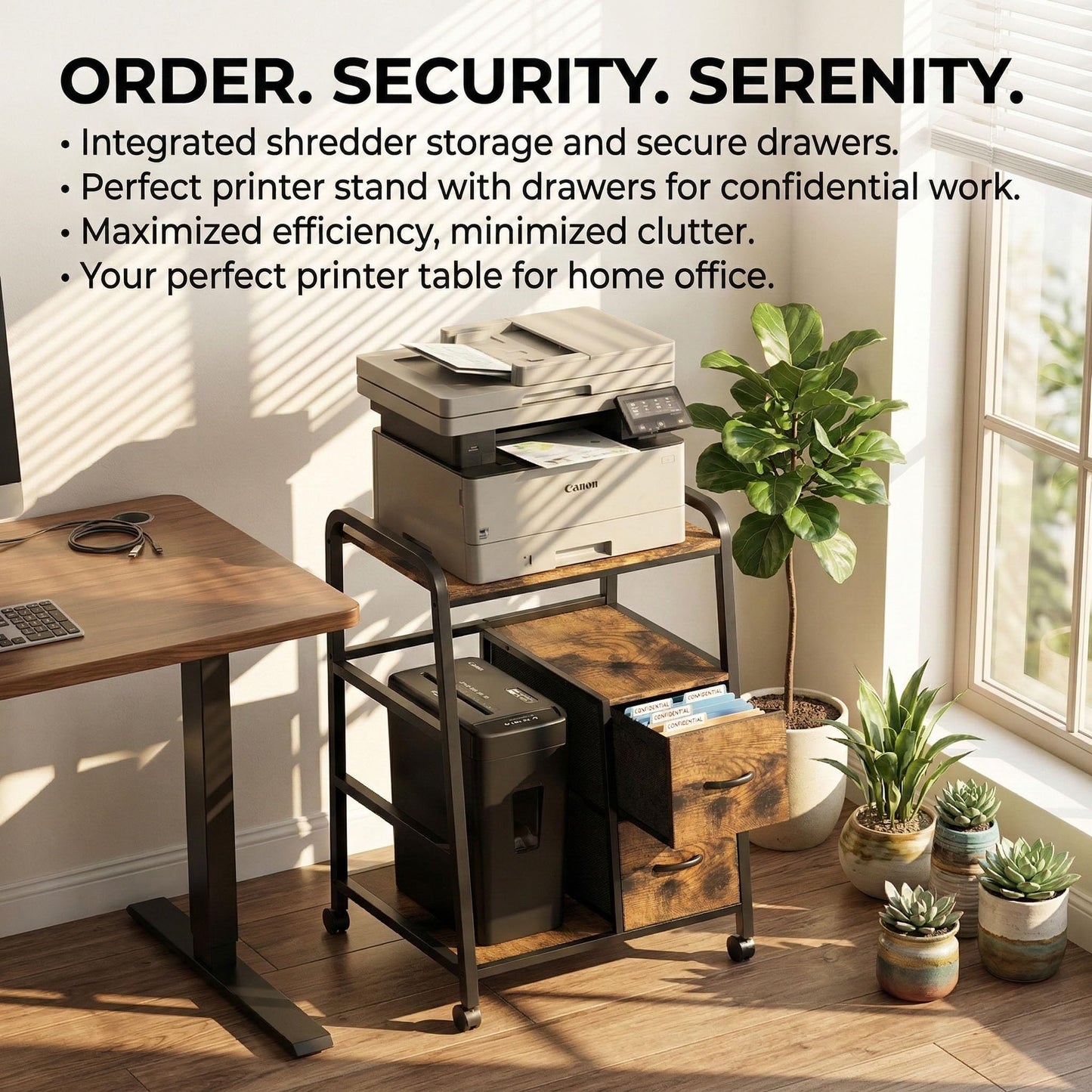 ZEXVIDA Printer Stand Featuring Fabric Drawers, Under Desk Host Computer Cabinet and Shredder Shelf, Heavy Duty Printer Stand with Storage Workstation Organization Printer Table for Home Office