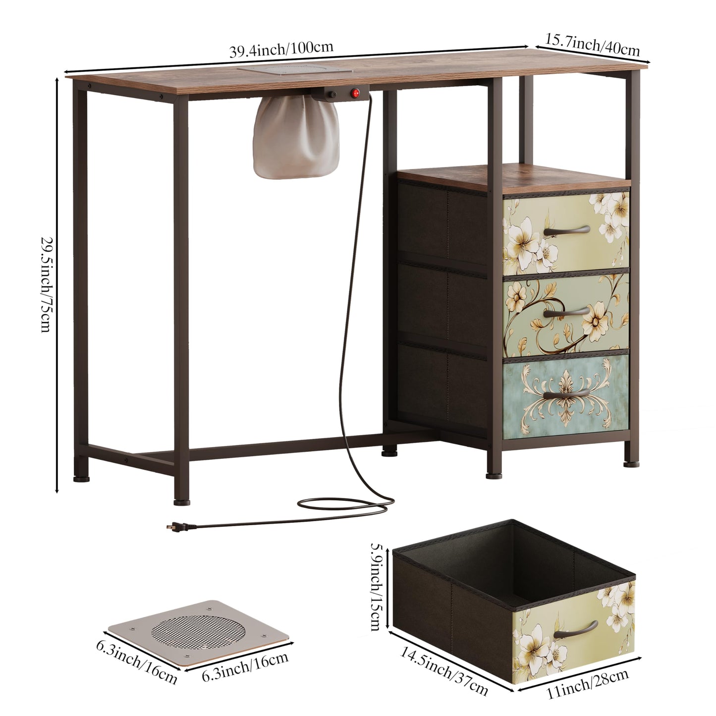 NinPeen Nail Table with dust Collector,Small Manicure Table with Drawers for Nail tech,Nail Station with Open Shelf for Home,Workshop,Makeup Beauty Salon Workstation (Retro Pattern)