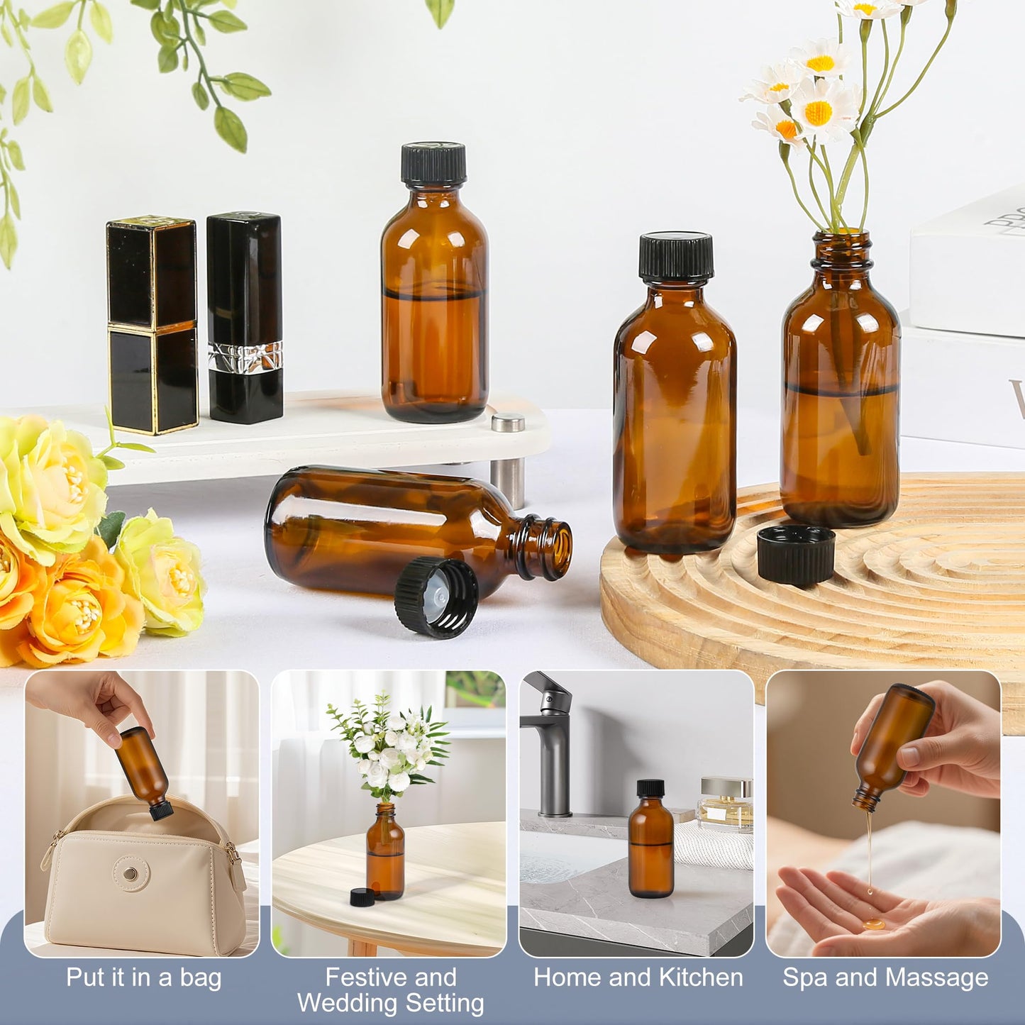 ZBCCEOB 2 oz Small Glass Bottles with Lids Boston Round Shot Bottles for Health,Immunity, Ginger Juice, Essential Oils, Leak Proof Mini Travel Containers (Amber, 24Pack)
