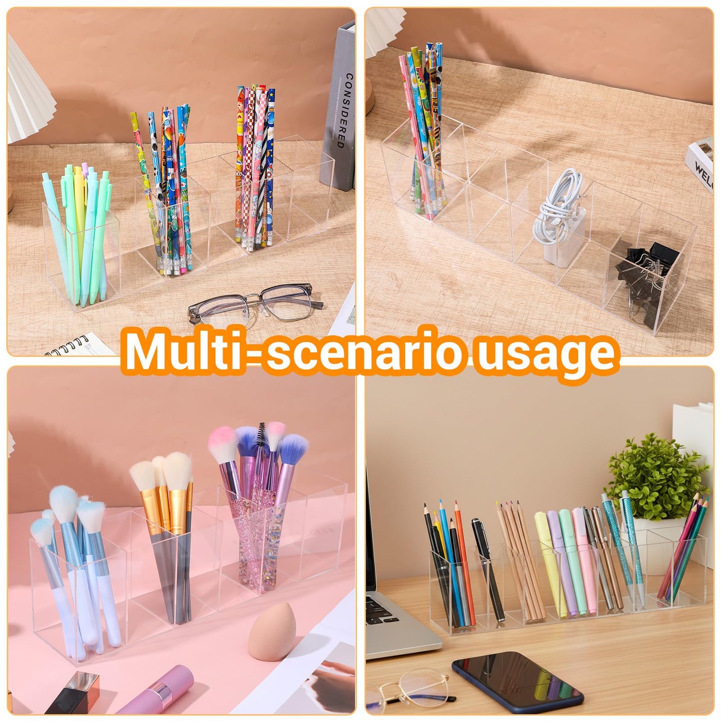 kenaeooe 2 Pack Acrylic Makeup Brush Holder Organizer 6 Compartments Clear Pen Holder for Desk Multifunctional Storage Cup for Office, Bathroom, Kitchen, and Vanity Accessories