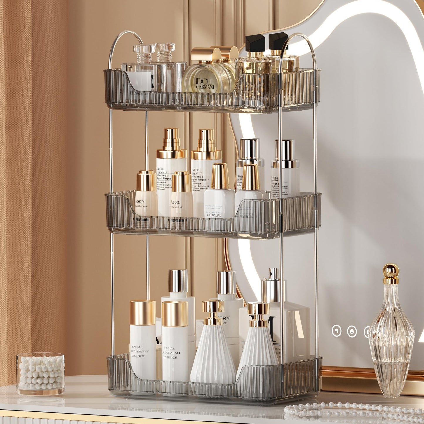 Akinbas 3 Tier Bathroom Organizer Countertop Makeup Perfume Tray Skincare Organizer for Bathroom Dresser Vanity (Grey)