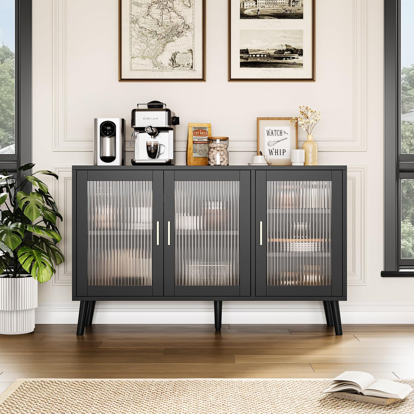 Reljofum Buffet Cabinet with Storage, 48" Large Sideboard Cabinet with 3 Fluted Glass Doors, Black Cabinet for Kitchen, Dinning Room, Hallway, Living Room