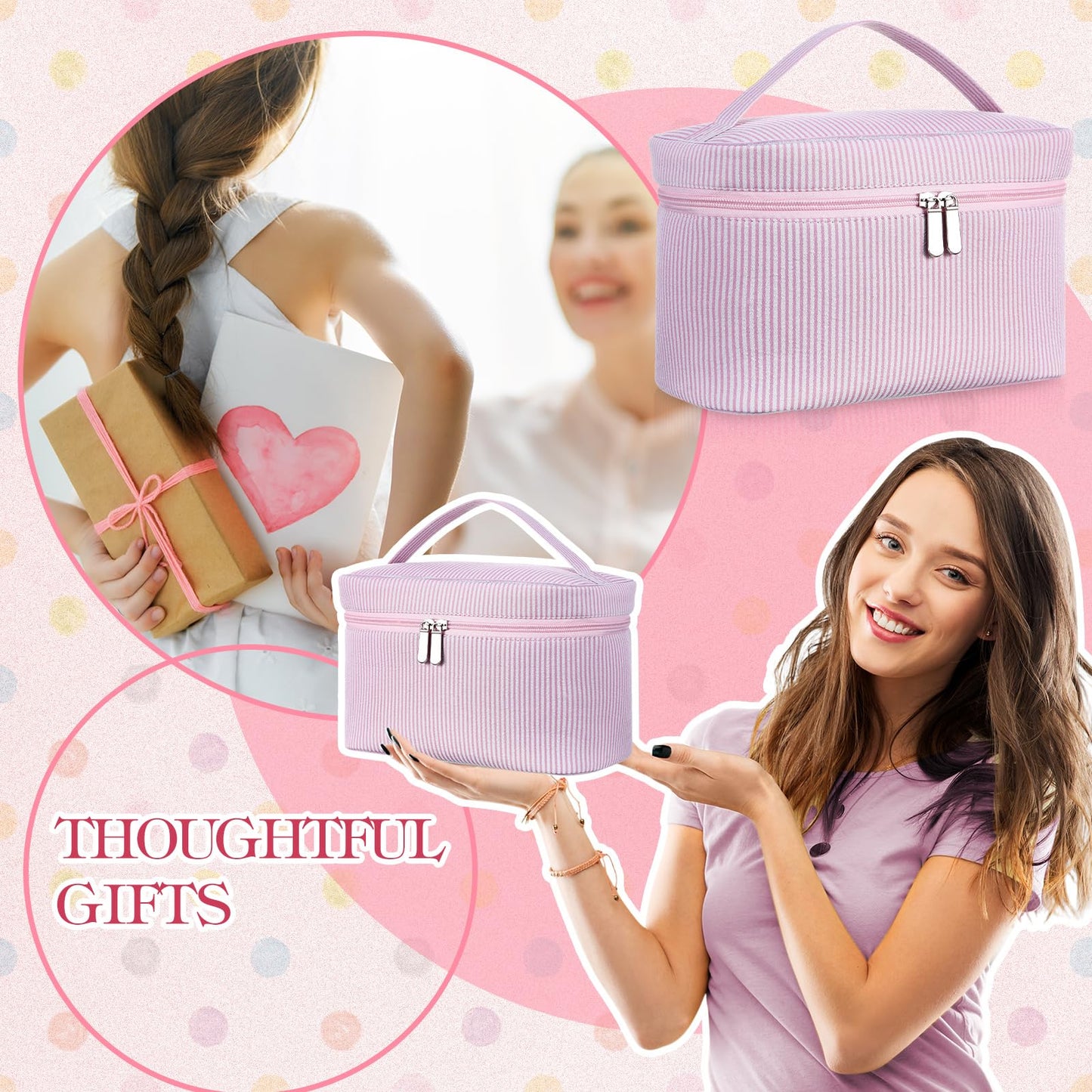 Huhumy Large Makeup Bag for Women Toiletry Bag, Aesthetic Cute Seersucker Cosmetic Pouch, Teen Gift for Her Mom Girlfriend Wife Teacher Aesthetic Skincare Brushes Storage Organizer(Pink)