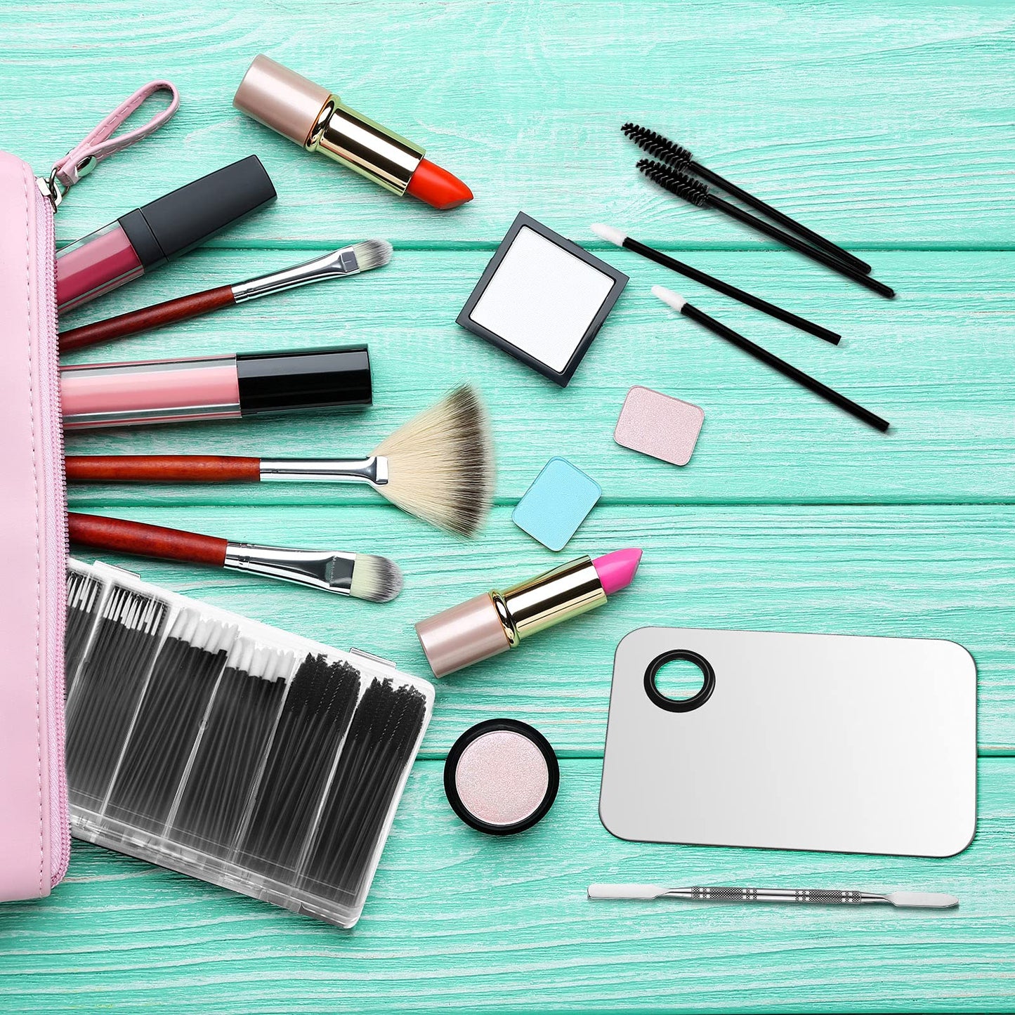 Maitys 260 Pieces Disposable Makeup Tools Kit, Eyeliner Brushes Mascara Wands Lipstick Applicators Plastic Organizer Box Short Waterproof Cape Stainless Steel Makeup Palette, Spatula(Black)