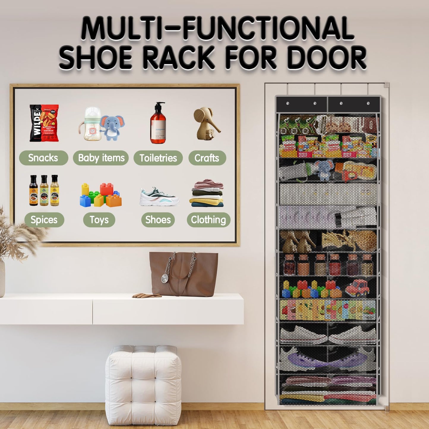 Kotkn Over The Door Shoe Organizer with 12 Large Breathable Pockets - Durable Hanging Storage for the Entire Family's Shoes (Black)