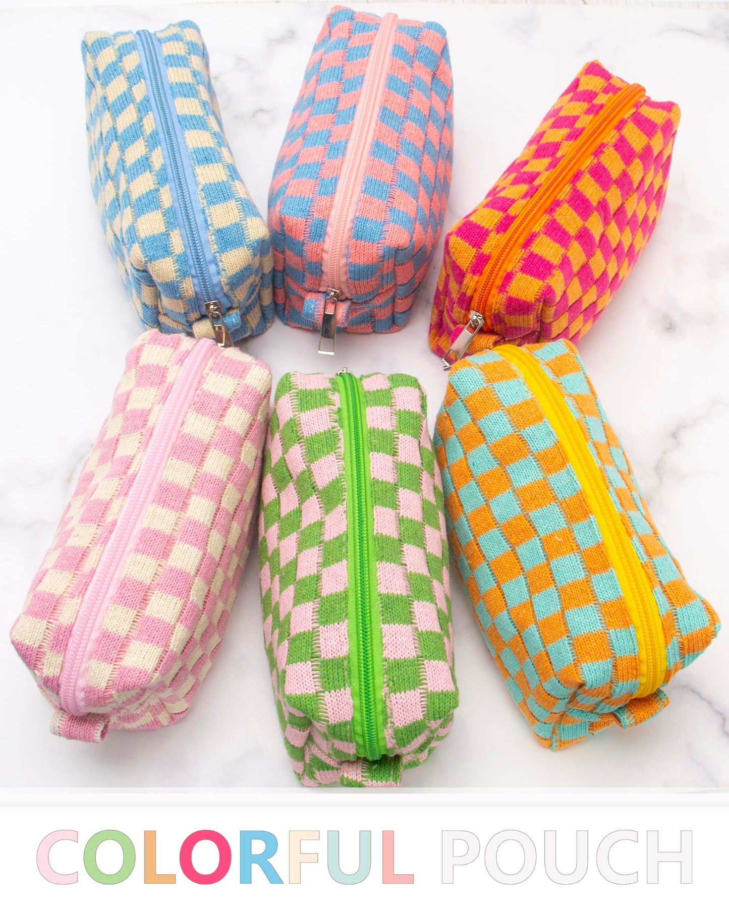 PAZIMIIK 6PCS Checkered Makeup Bag for Purse Portable Zipper Make Up Pouch Small Cosmetic Case for Travel Accessories Blue Beige