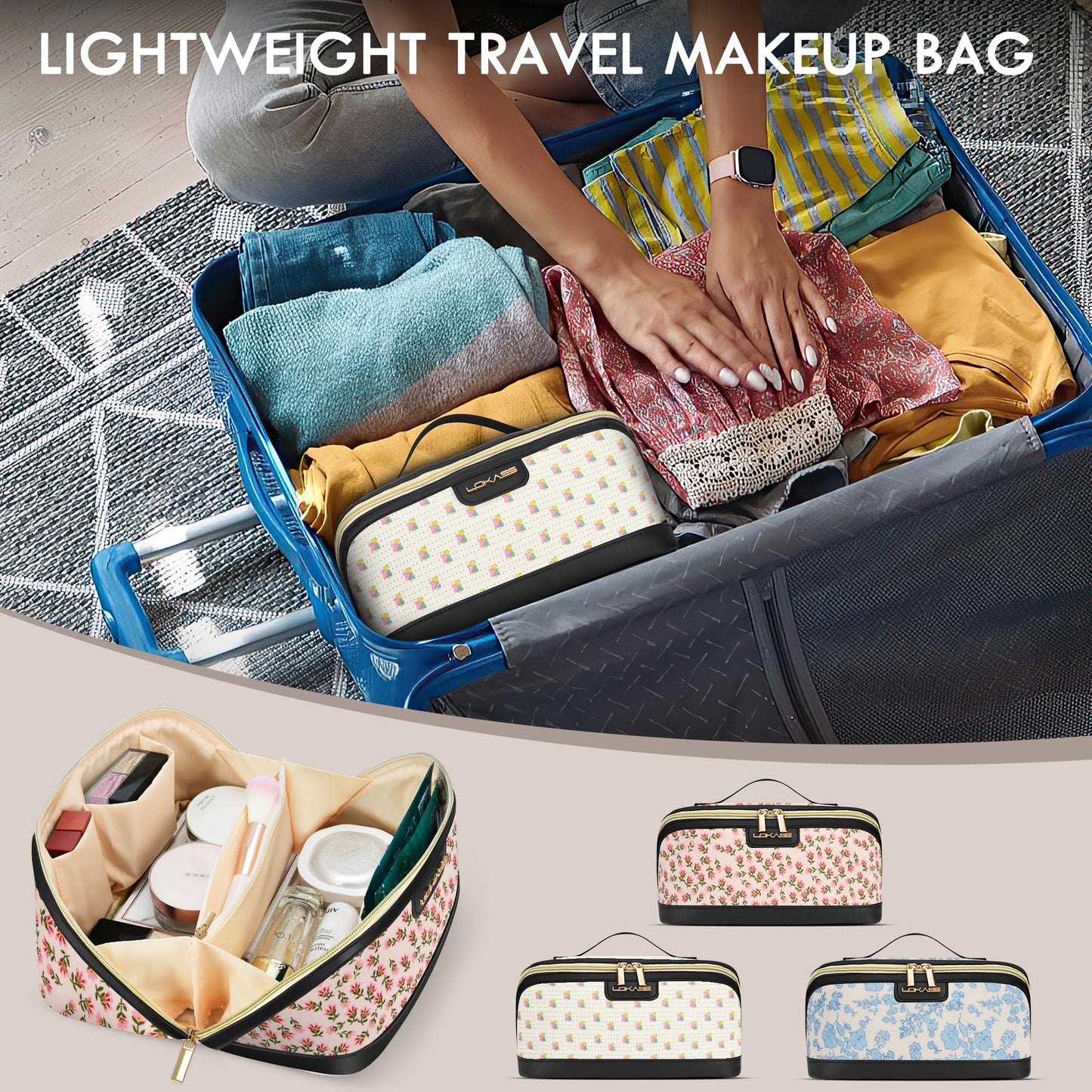 Makeup Bag Large Capacity Travel Make Up Bag, Makeup Organizer Cosmetic Bags for Women Travel Toiletry Bag for Women Skincare Bag with Handle and Divider - Red Flower