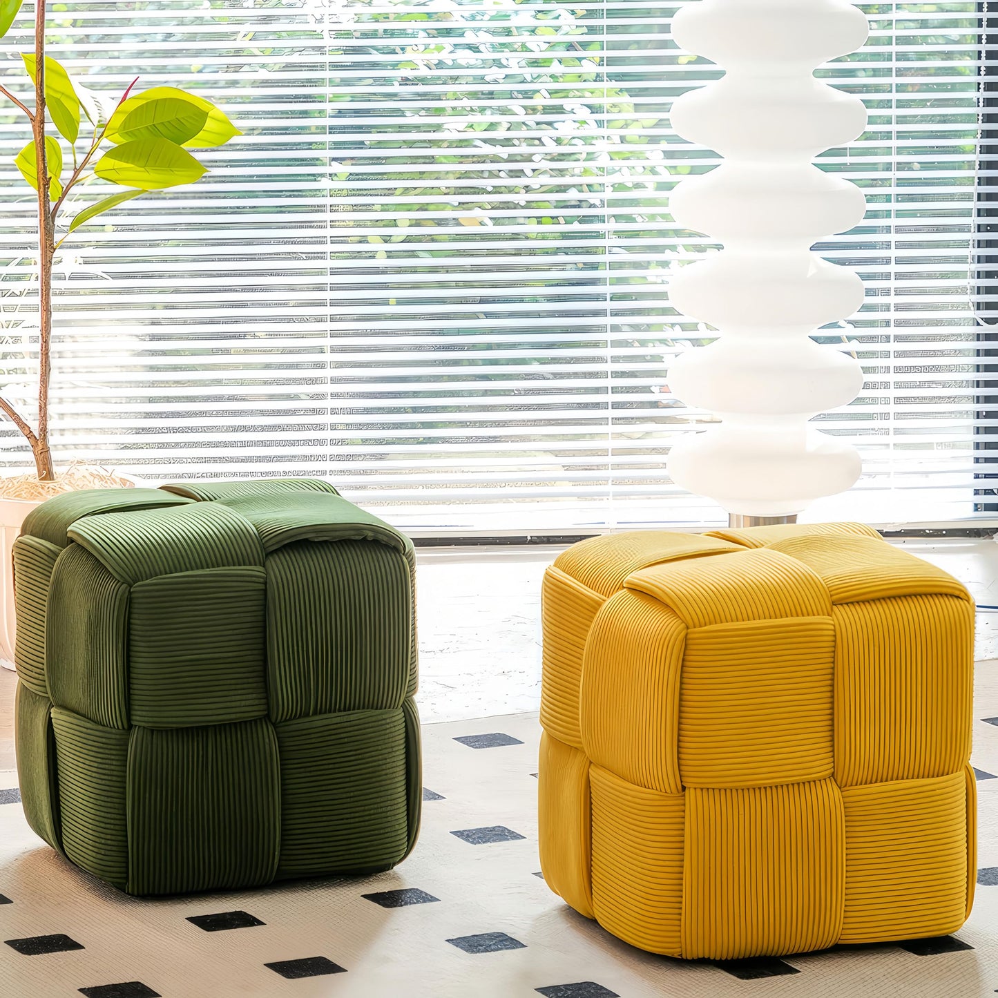 Cmishe 15" Square Woven Corduroy Ottoman Footrest - Modern Vanity Stool for Living Room & Entryway, Eco-Friendly Wood Frame, No Assembly (Yellow)
