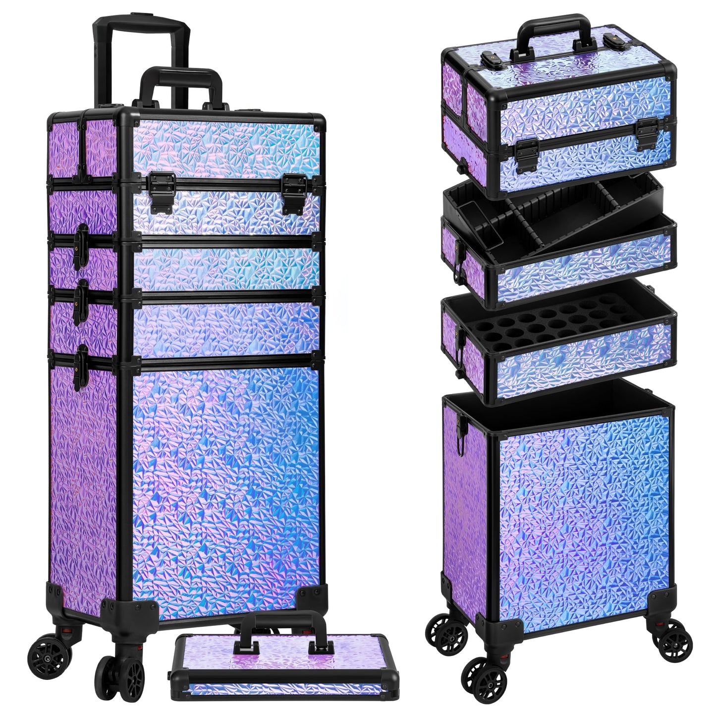 JINGUAN Profesional Rolling Makeup Train Case with Lid, 5 in 1 Cosmetology Case on Wheels, Large Cosmetic Trolley Organizer Travel for Hairstylist Artist Nail Beauty Salon Barber, Gravel Purple