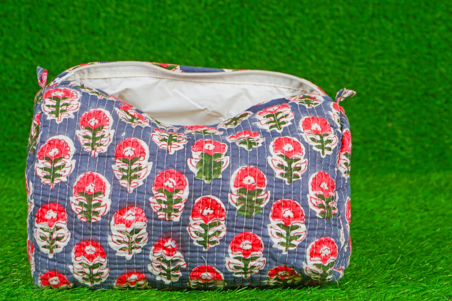 Generic Pieces Indian Handmade Cotton Quilted Handmade Floral Hand Block Print Toiletry Bag,Cosmetic Pouch Bag Makeup Bag For Women (1, Blue A), 85485