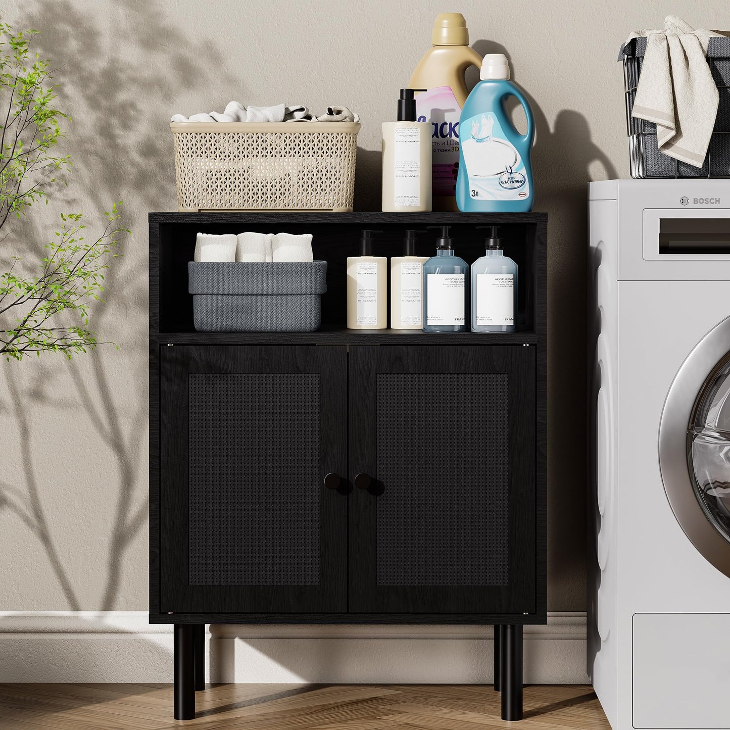 DongRong Rattan Storage Cabinet, Boho Accent Cabinet with Double Doors, Small Freestanding Sideboard for Hallway, Laundry Room,Kitchen, Dining Room, Entryway (Black)